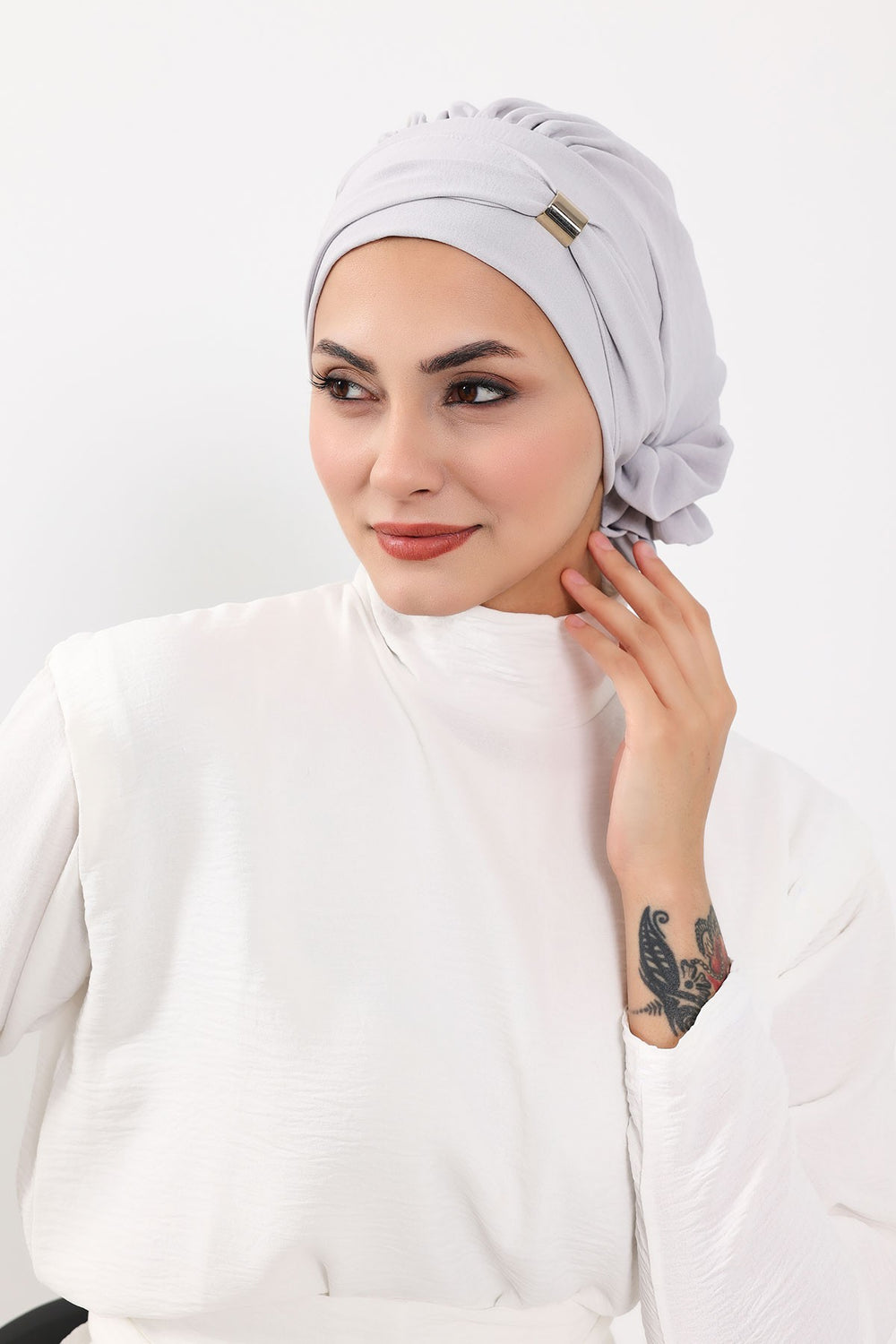Instant Aerobin Turban Hijab for Women with Gold Accent, Pre-Tied Cotton Blend Headwrap, Modest Ready to Wear Headscarf,HT-95 Light Grey