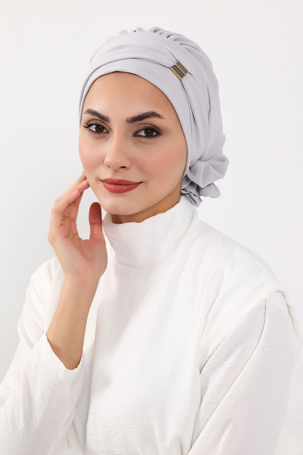 Instant Aerobin Turban Hijab for Women with Gold Accent, Pre-Tied Cotton Blend Headwrap, Modest Ready to Wear Headscarf,HT-95 Light Grey