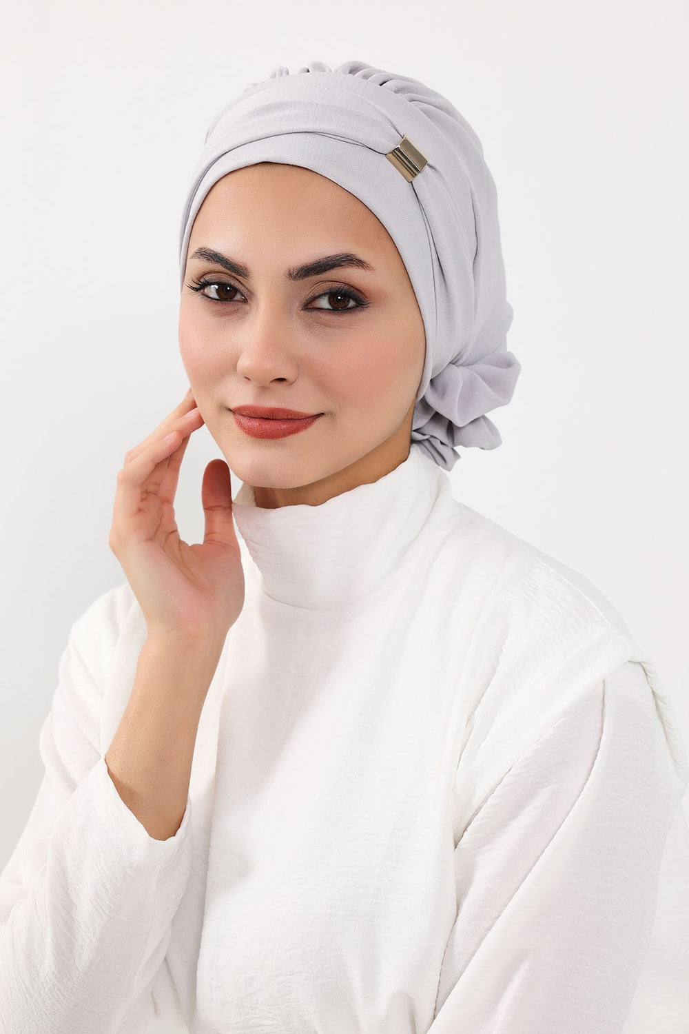 Instant Aerobin Turban Hijab for Women with Gold Accent, Pre-Tied Cotton Blend Headwrap, Modest Ready to Wear Headscarf,HT-95 Light Grey