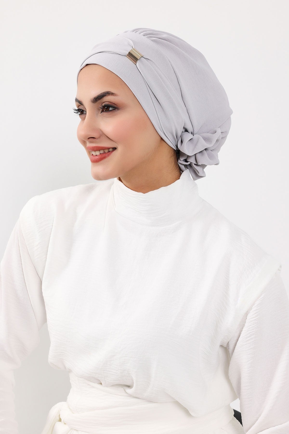 Instant Aerobin Turban Hijab for Women with Gold Accent, Pre-Tied Cotton Blend Headwrap, Modest Ready to Wear Headscarf,HT-95 Light Grey