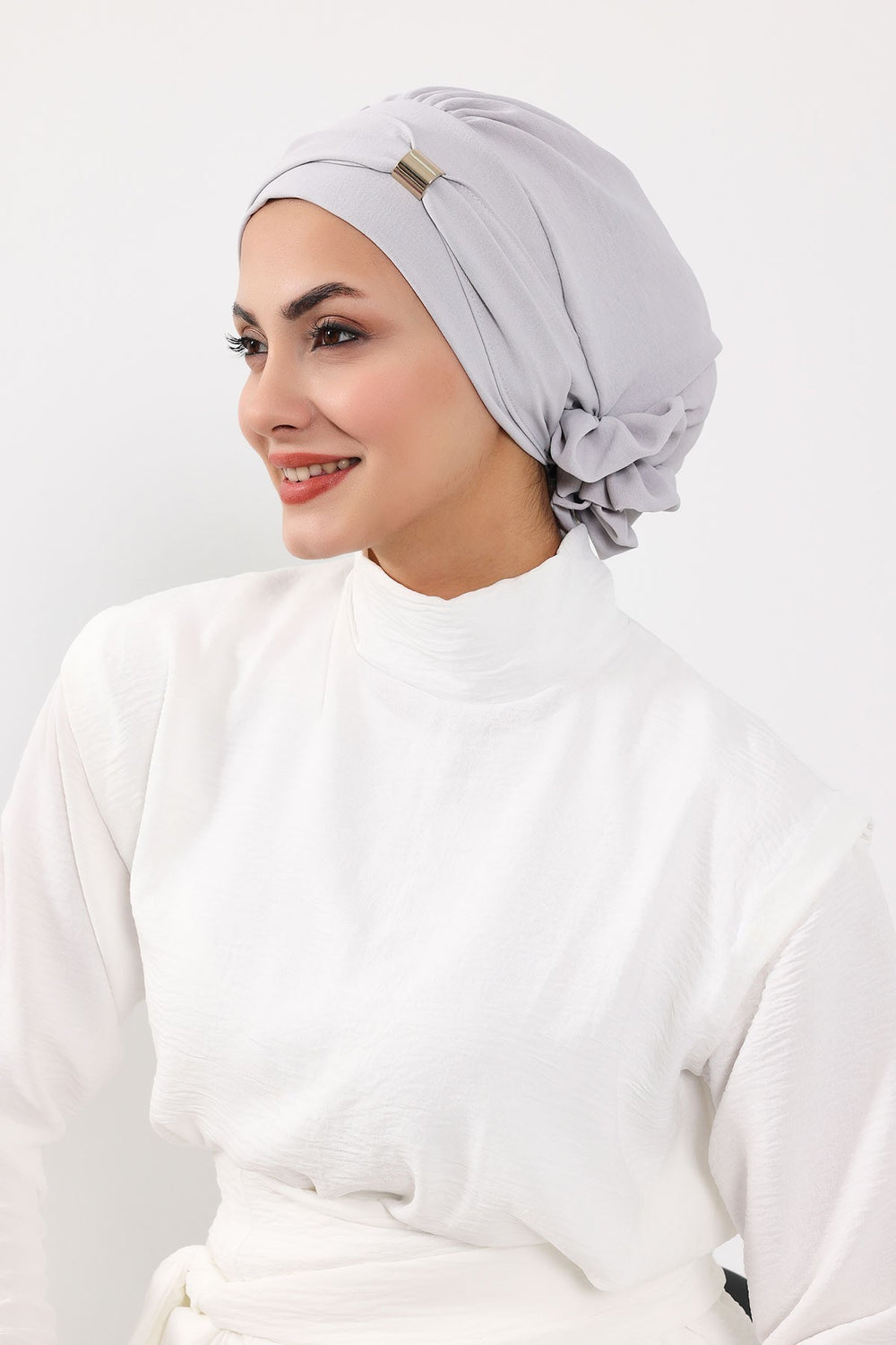 Instant Aerobin Turban Hijab for Women with Gold Accent, Pre-Tied Cotton Blend Headwrap, Modest Ready to Wear Headscarf,HT-95 Light Grey