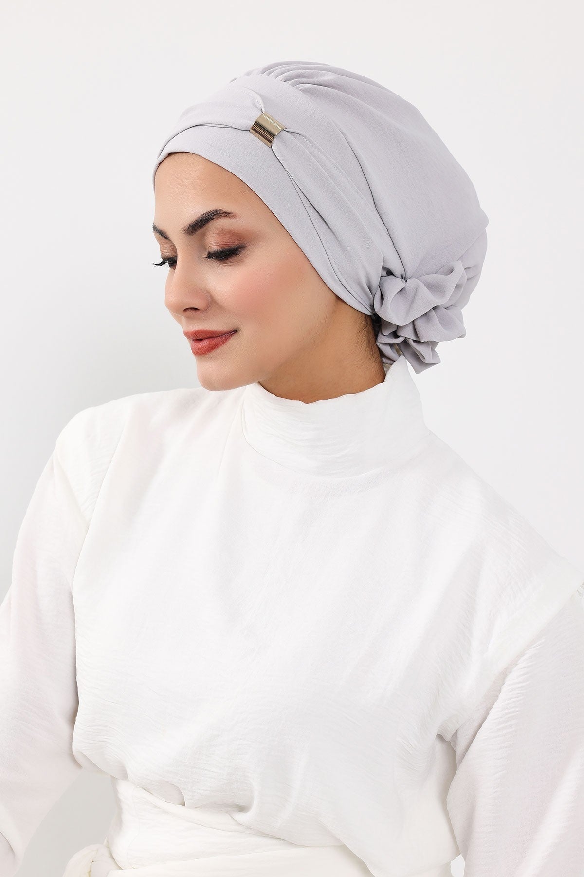 Instant Aerobin Turban Hijab for Women with Gold Accent, Pre-Tied Cotton Blend Headwrap, Modest Ready to Wear Headscarf,HT-95 Light Grey