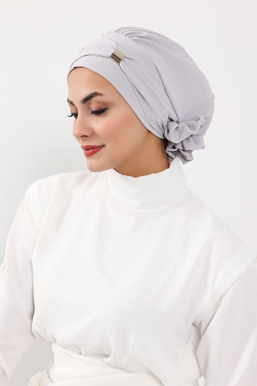 Instant Aerobin Turban Hijab for Women with Gold Accent, Pre-Tied Cotton Blend Headwrap, Modest Ready to Wear Headscarf,HT-95 Light Grey
