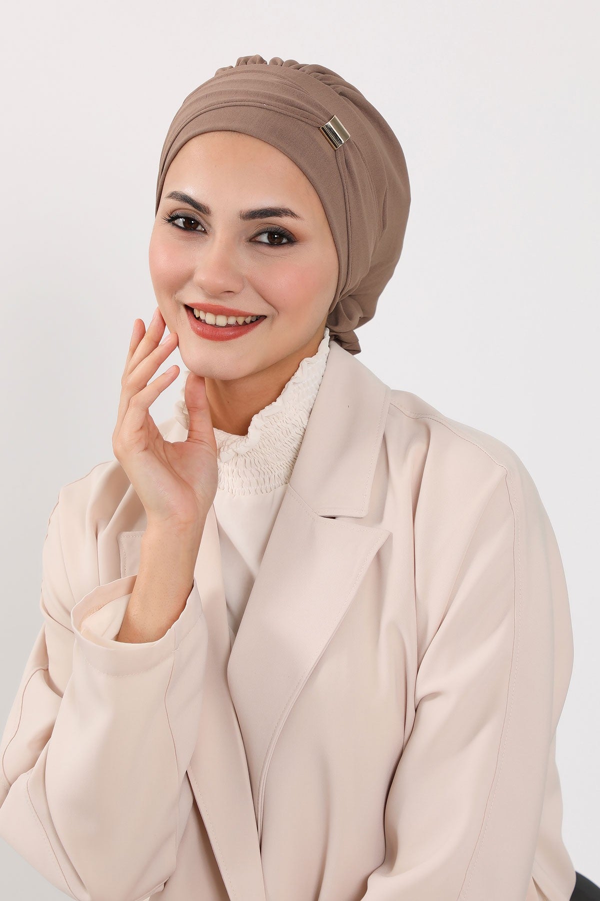 Instant Aerobin Turban Hijab for Women with Gold Accent, Pre-Tied Cotton Blend Headwrap, Modest Ready to Wear Headscarf,HT-95 Chocolate
