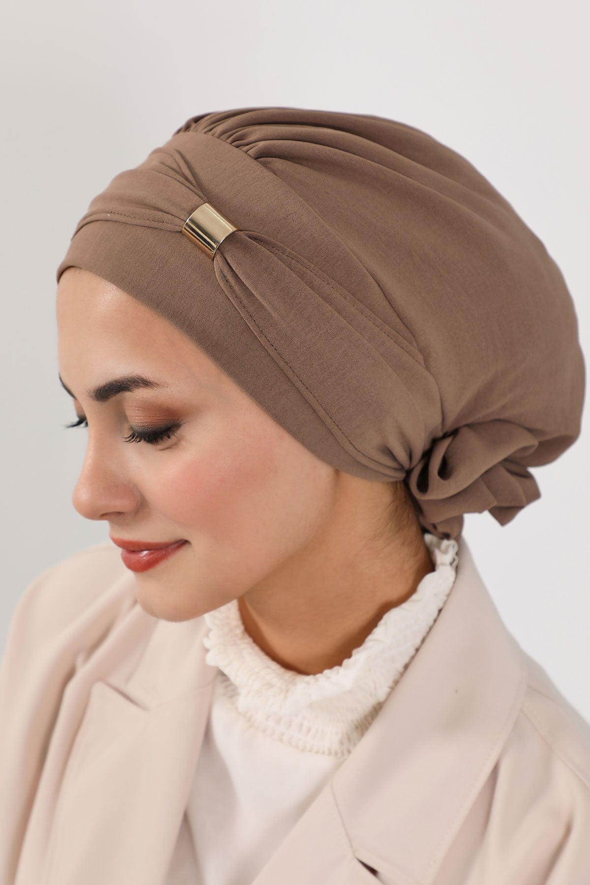 Instant Aerobin Turban Hijab for Women with Gold Accent, Pre-Tied Cotton Blend Headwrap, Modest Ready to Wear Headscarf,HT-95 Chocolate