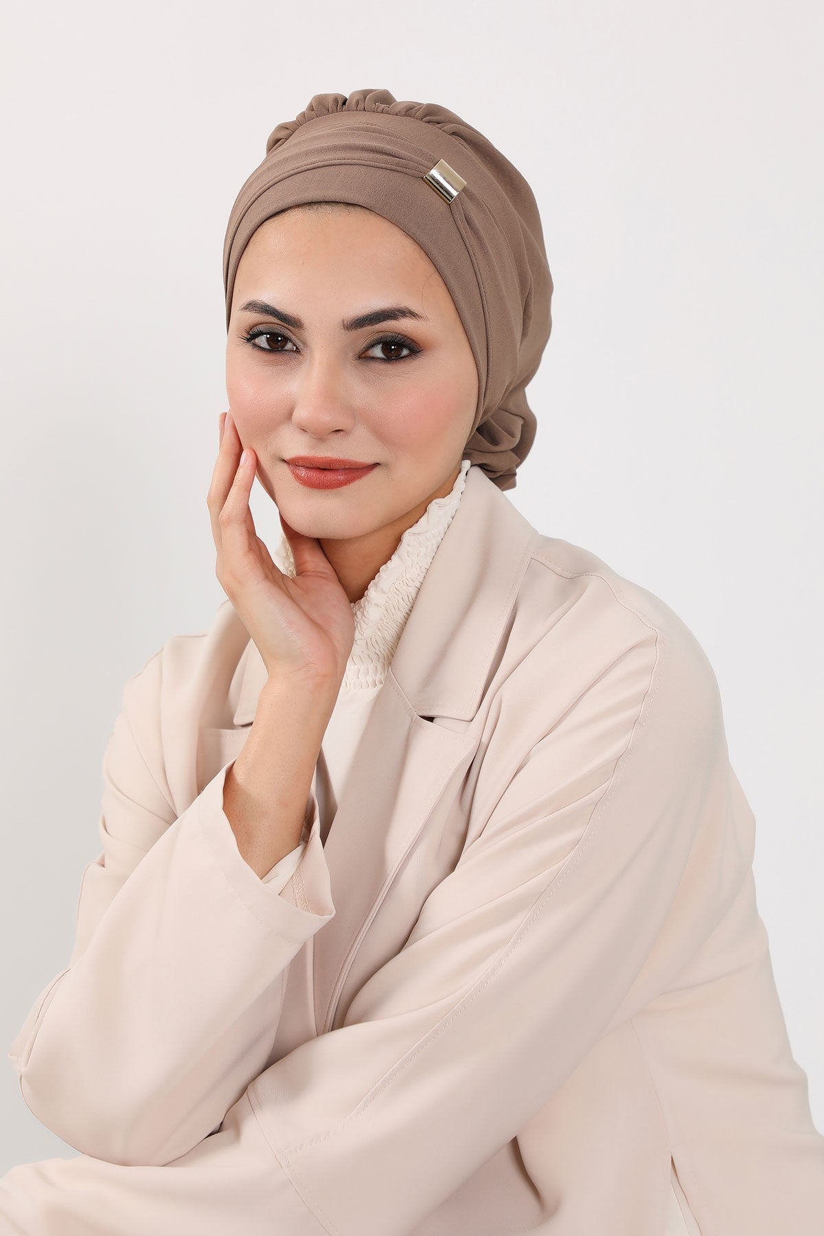 Instant Aerobin Turban Hijab for Women with Gold Accent, Pre-Tied Cotton Blend Headwrap, Modest Ready to Wear Headscarf,HT-95 Chocolate