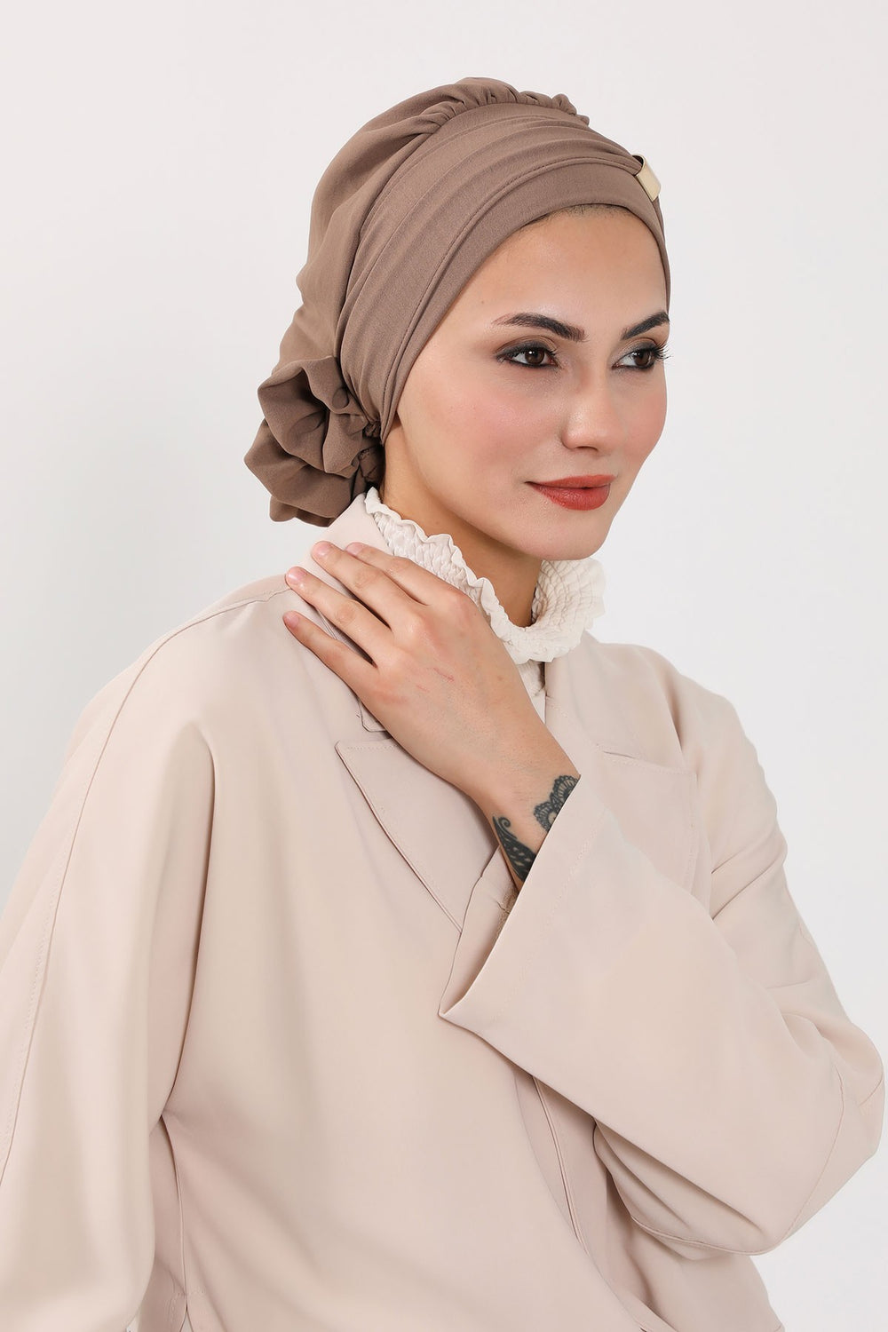 Instant Aerobin Turban Hijab for Women with Gold Accent, Pre-Tied Cotton Blend Headwrap, Modest Ready to Wear Headscarf,HT-95 Chocolate