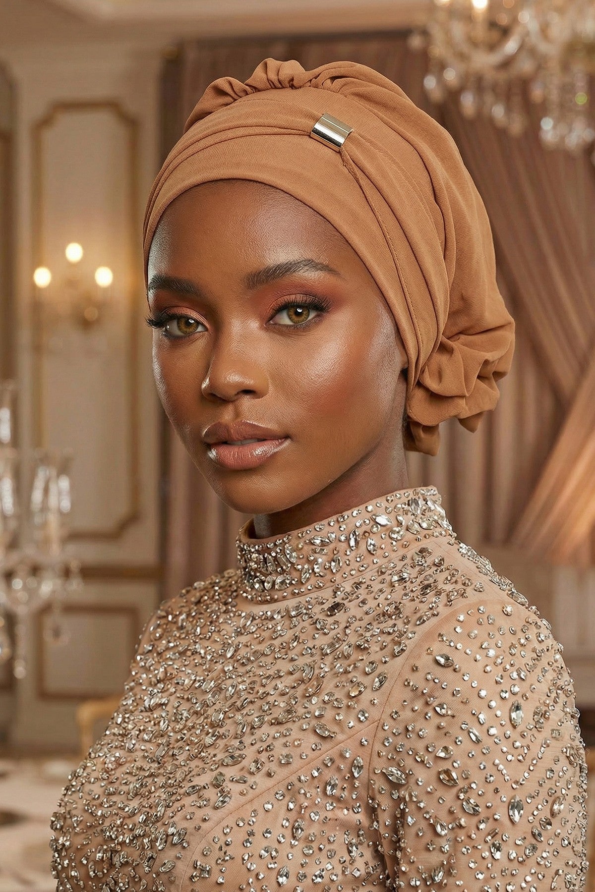 Instant Aerobin Turban Hijab for Women with Gold Accent, Pre-Tied Cotton Blend Headwrap, Modest Ready to Wear Headscarf,HT-95 Camel