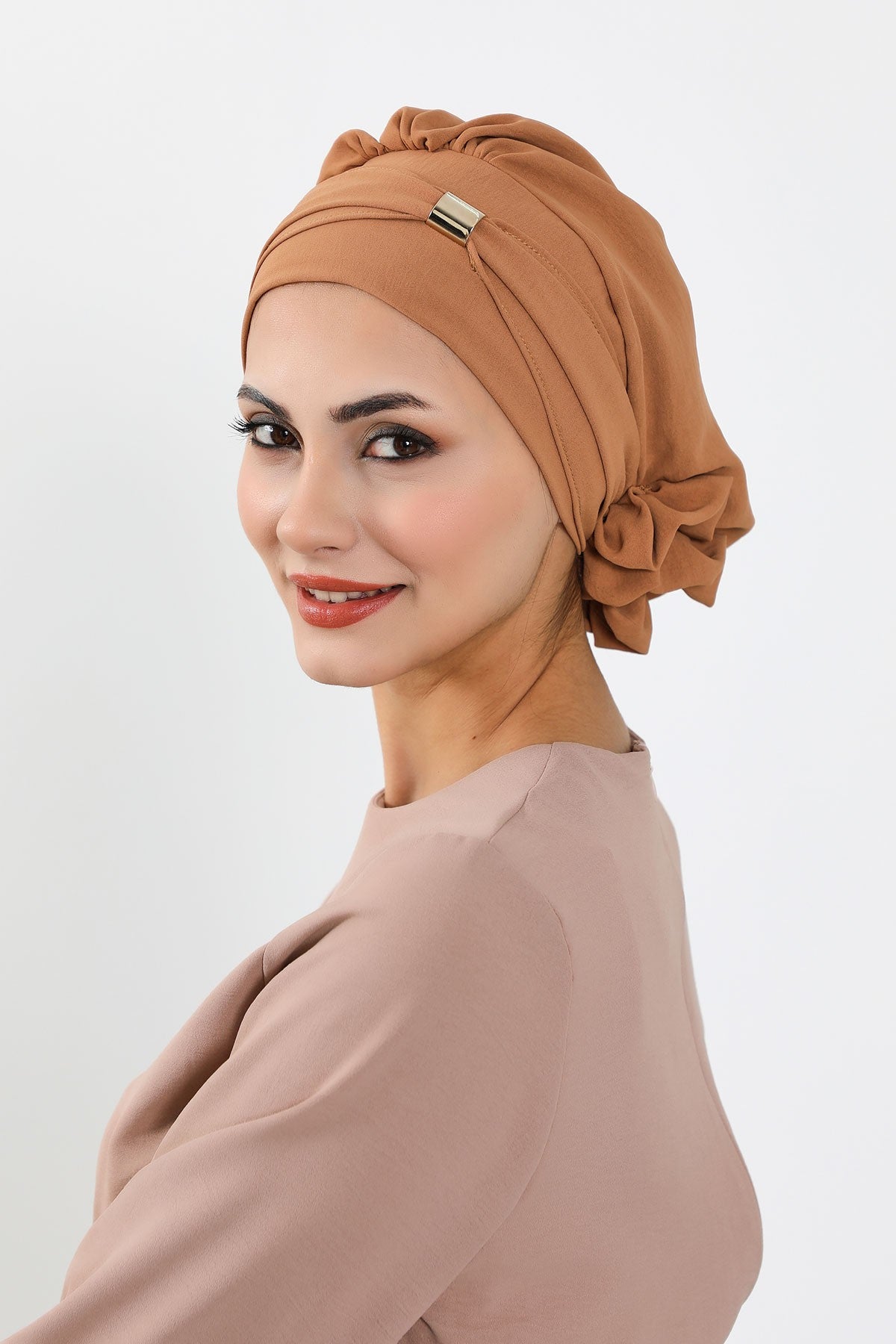 Instant Aerobin Turban Hijab for Women with Gold Accent, Pre-Tied Cotton Blend Headwrap, Modest Ready to Wear Headscarf,HT-95 Camel