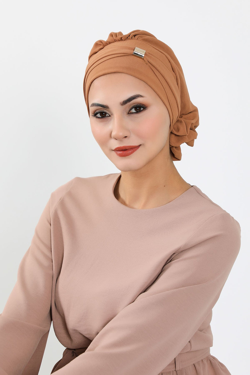 Instant Aerobin Turban Hijab for Women with Gold Accent, Pre-Tied Cotton Blend Headwrap, Modest Ready to Wear Headscarf,HT-95 Camel