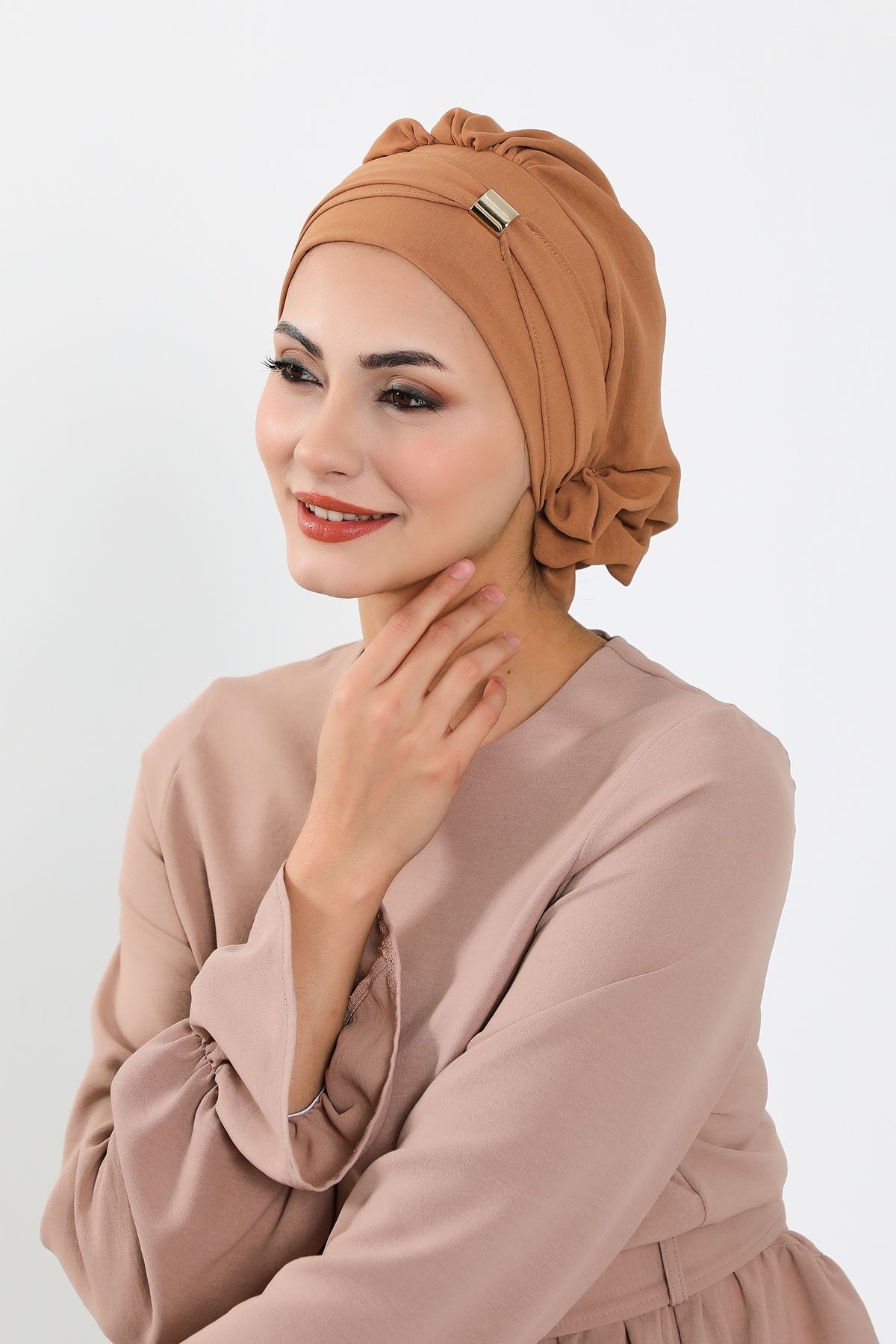 Instant Aerobin Turban Hijab for Women with Gold Accent, Pre-Tied Cotton Blend Headwrap, Modest Ready to Wear Headscarf,HT-95 Camel