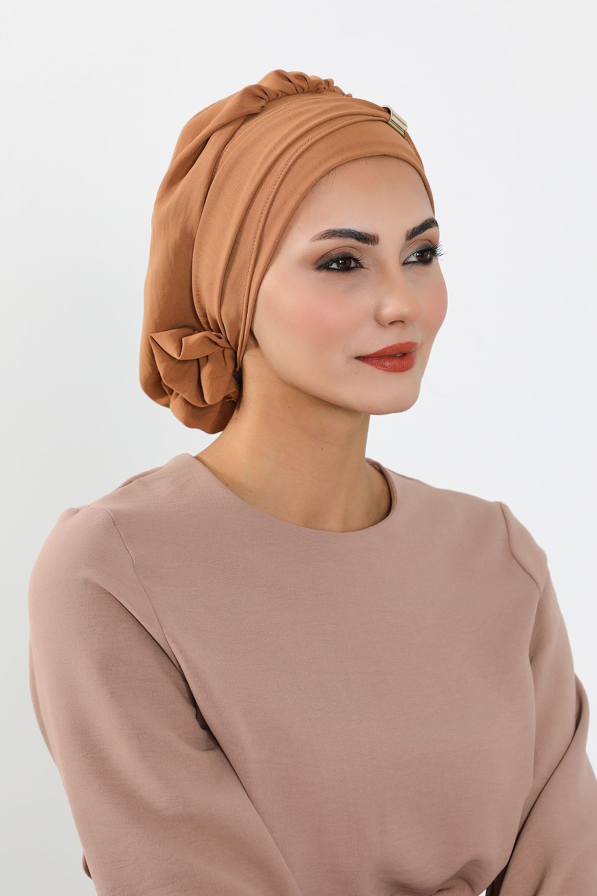 Instant Aerobin Turban Hijab for Women with Gold Accent, Pre-Tied Cotton Blend Headwrap, Modest Ready to Wear Headscarf,HT-95 Camel