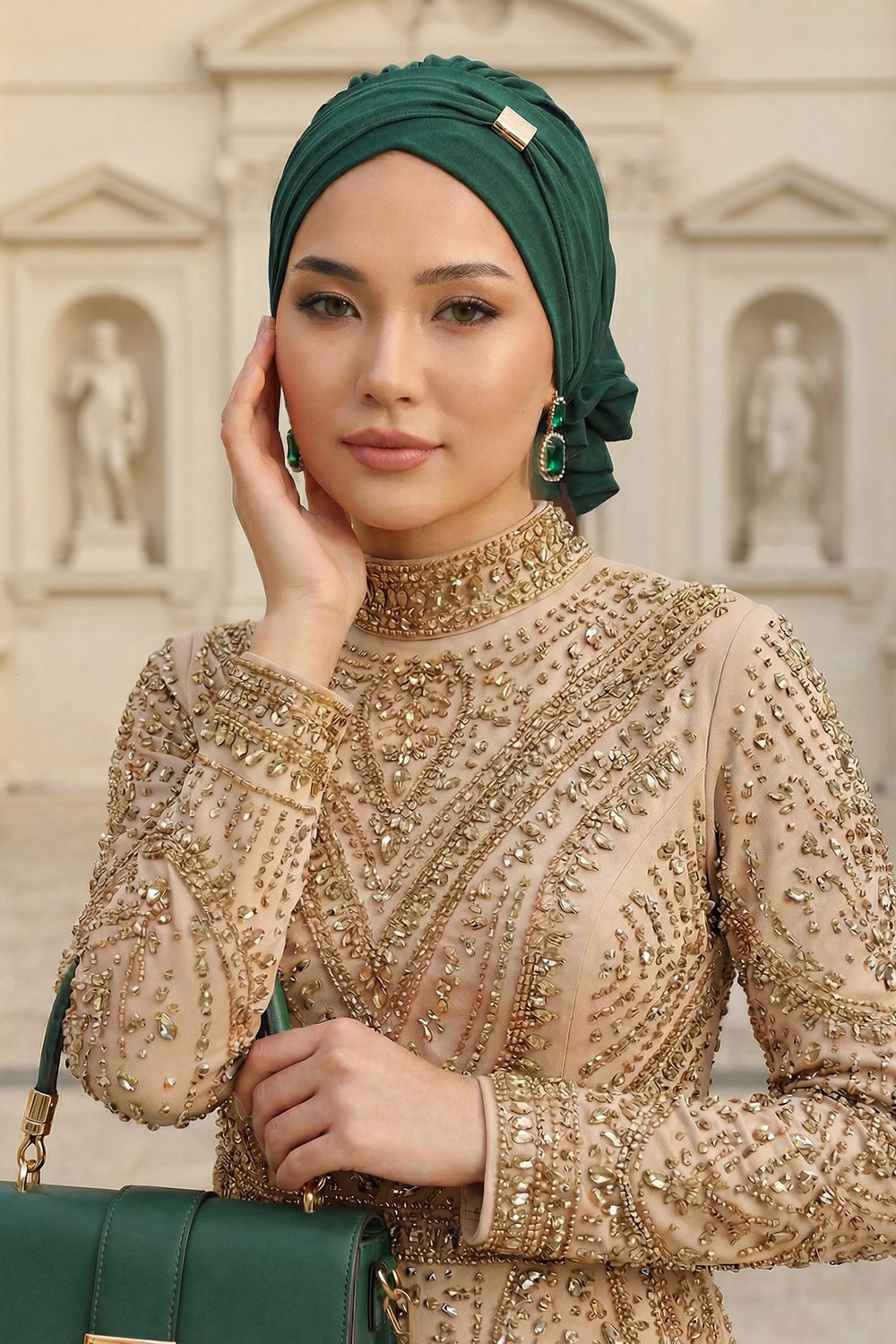 Instant Aerobin Turban Hijab for Women with Gold Accent, Pre-Tied Cotton Blend Headwrap, Modest Ready to Wear Headscarf,HT-95 Dark Green