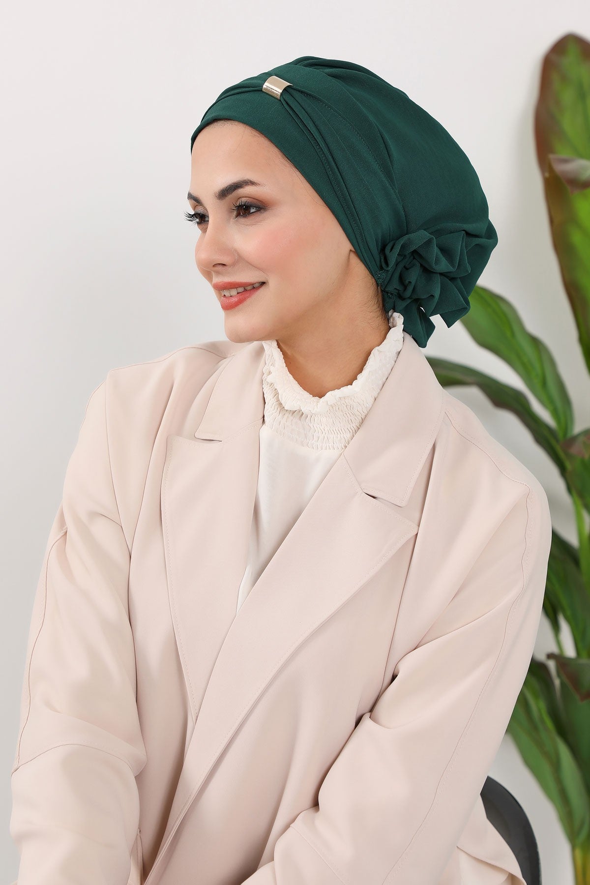 Instant Aerobin Turban Hijab for Women with Gold Accent, Pre-Tied Cotton Blend Headwrap, Modest Ready to Wear Headscarf,HT-95 Dark Green