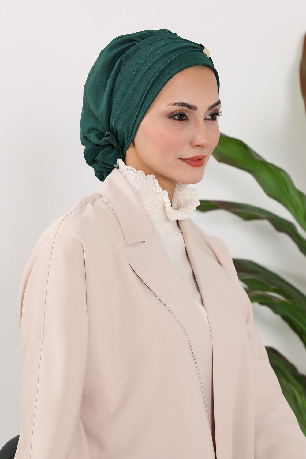 Instant Aerobin Turban Hijab for Women with Gold Accent, Pre-Tied Cotton Blend Headwrap, Modest Ready to Wear Headscarf,HT-95 Dark Green