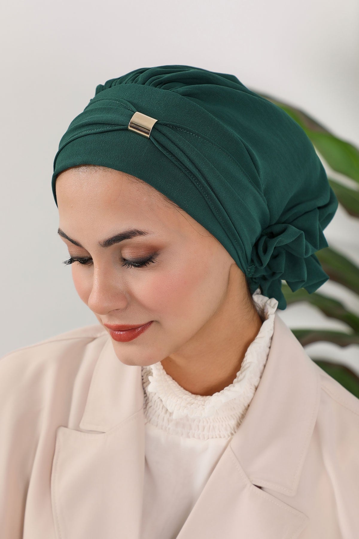 Instant Aerobin Turban Hijab for Women with Gold Accent, Pre-Tied Cotton Blend Headwrap, Modest Ready to Wear Headscarf,HT-95 Dark Green