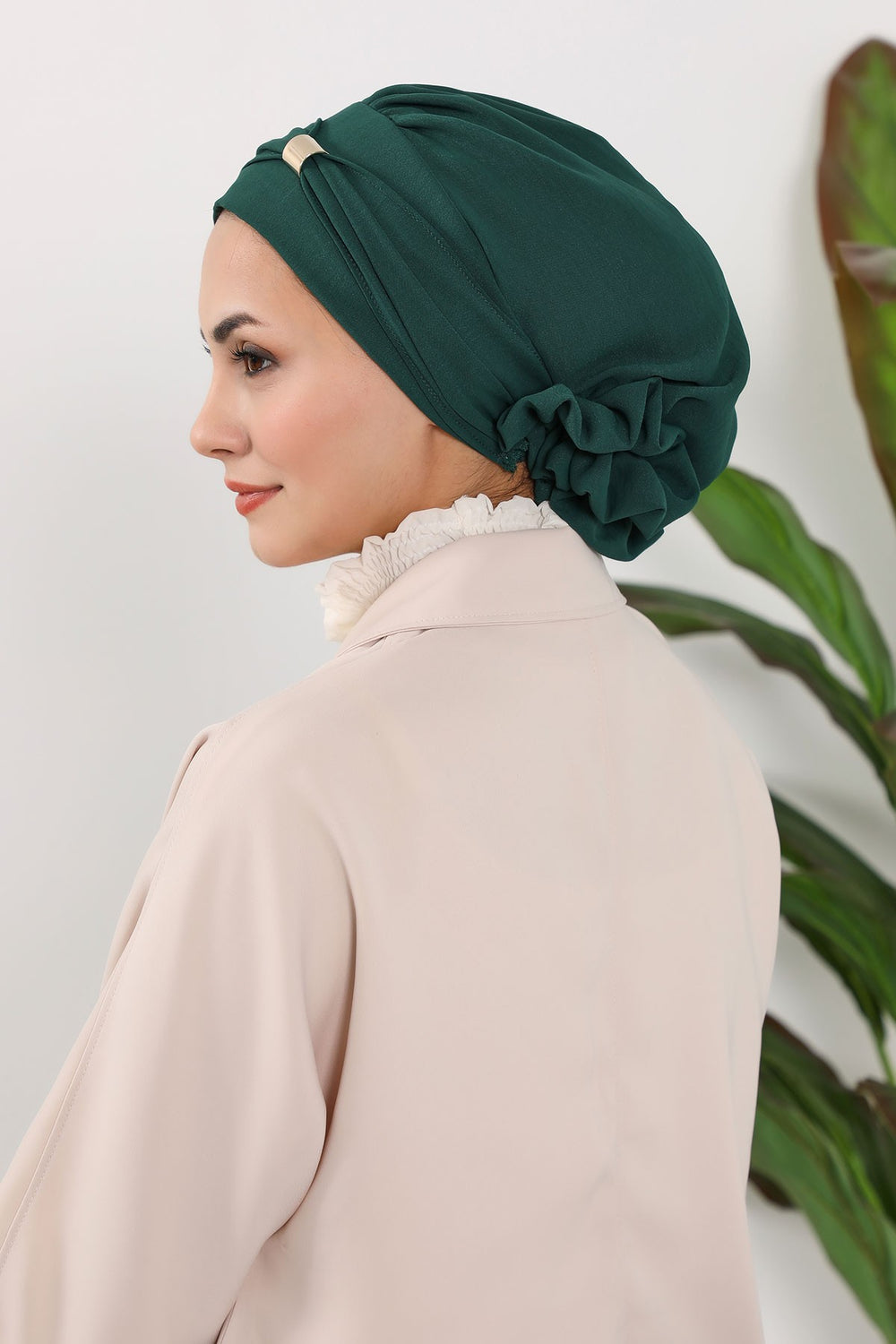 Instant Aerobin Turban Hijab for Women with Gold Accent, Pre-Tied Cotton Blend Headwrap, Modest Ready to Wear Headscarf,HT-95 Dark Green