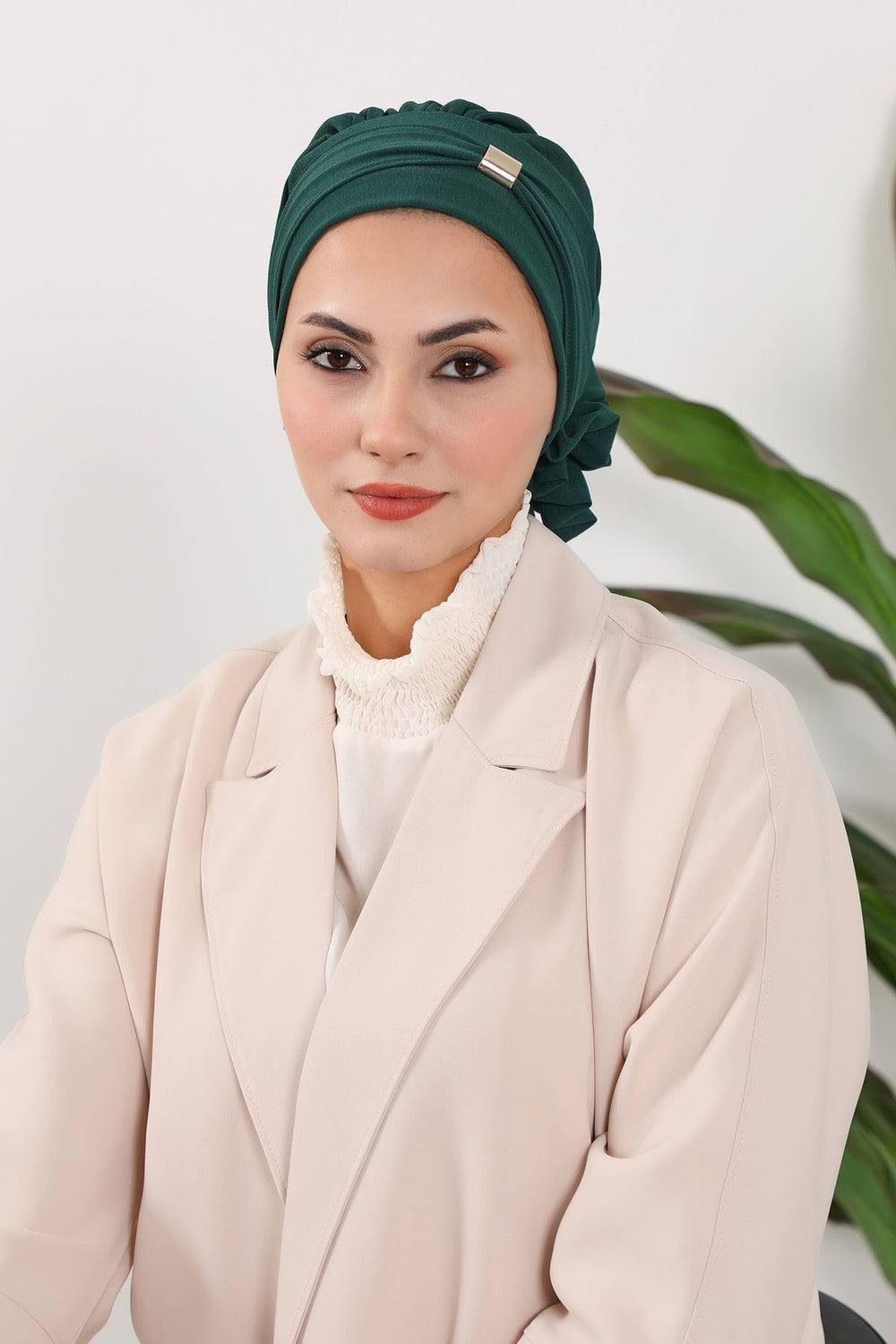Instant Aerobin Turban Hijab for Women with Gold Accent, Pre-Tied Cotton Blend Headwrap, Modest Ready to Wear Headscarf,HT-95 Dark Green