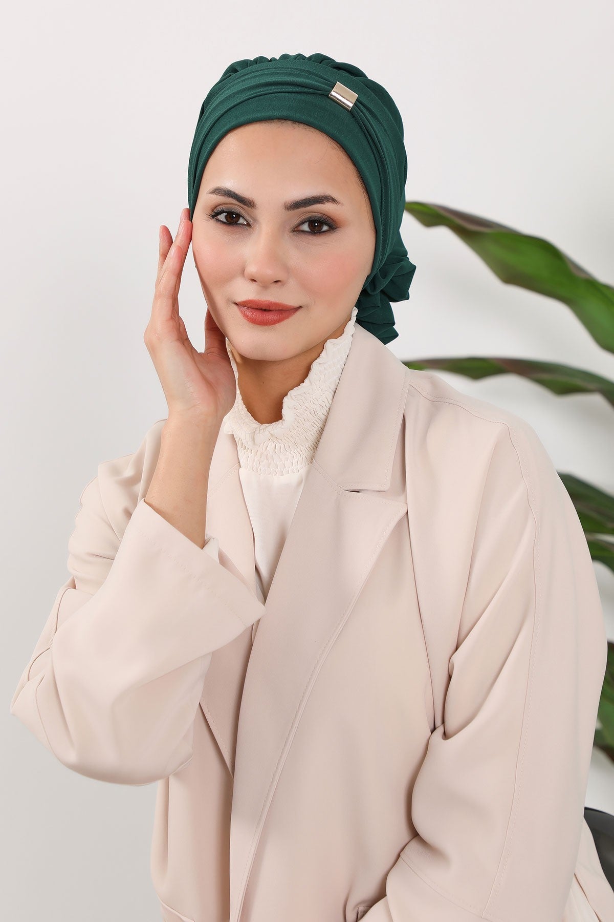 Instant Aerobin Turban Hijab for Women with Gold Accent, Pre-Tied Cotton Blend Headwrap, Modest Ready to Wear Headscarf,HT-95 Dark Green