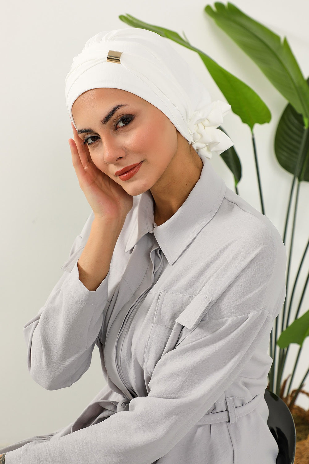 Instant Aerobin Turban Hijab for Women with Gold Accent, Pre-Tied Cotton Blend Headwrap, Modest Ready to Wear Headscarf,HT-95 Ecru