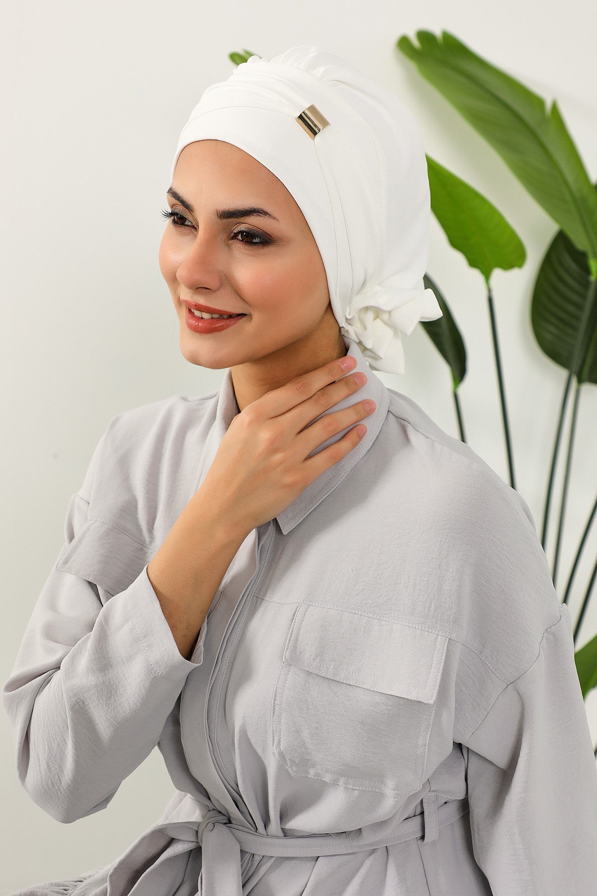 Instant Aerobin Turban Hijab for Women with Gold Accent, Pre-Tied Cotton Blend Headwrap, Modest Ready to Wear Headscarf,HT-95 Ecru