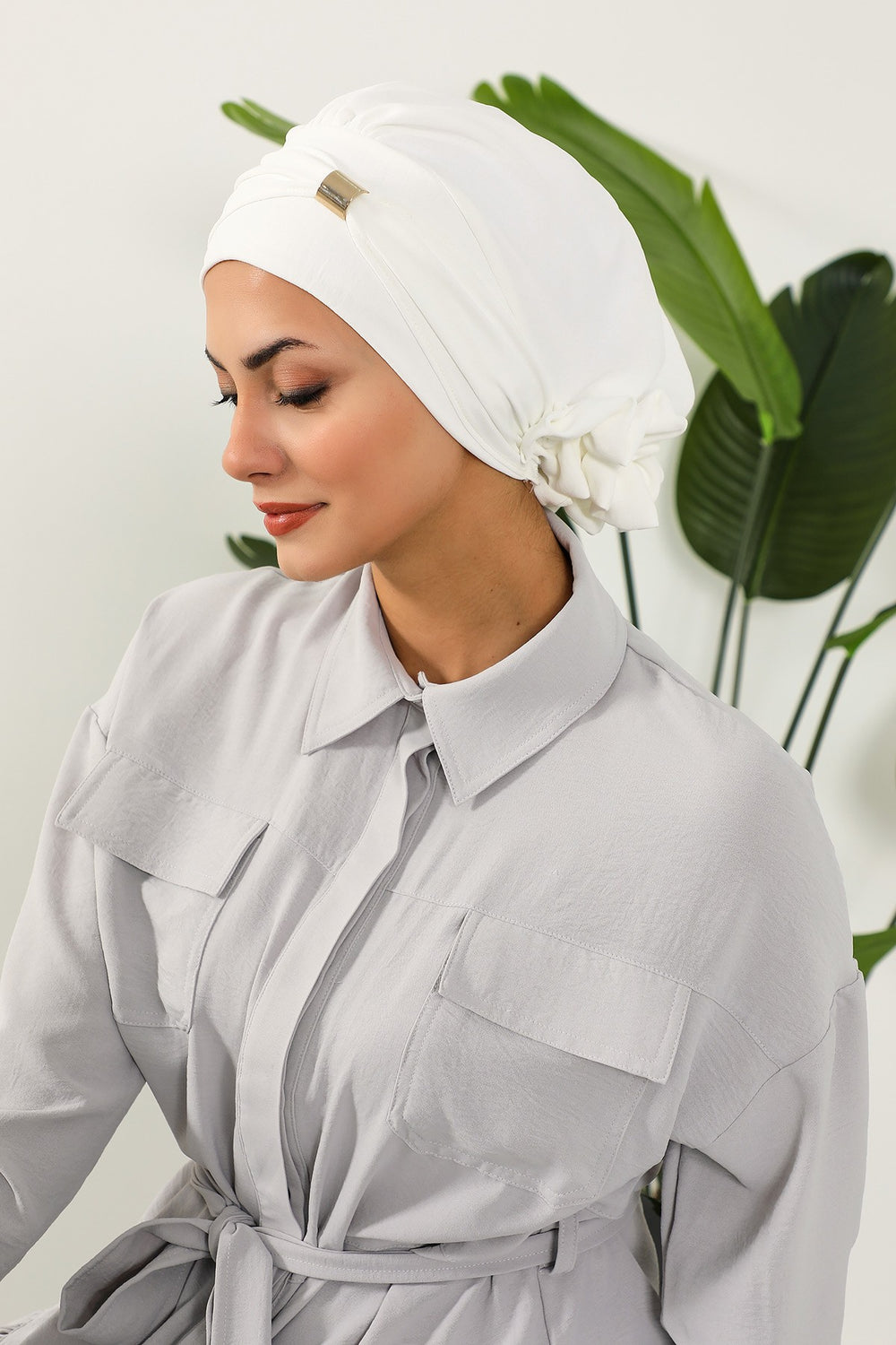 Instant Aerobin Turban Hijab for Women with Gold Accent, Pre-Tied Cotton Blend Headwrap, Modest Ready to Wear Headscarf,HT-95 Ecru