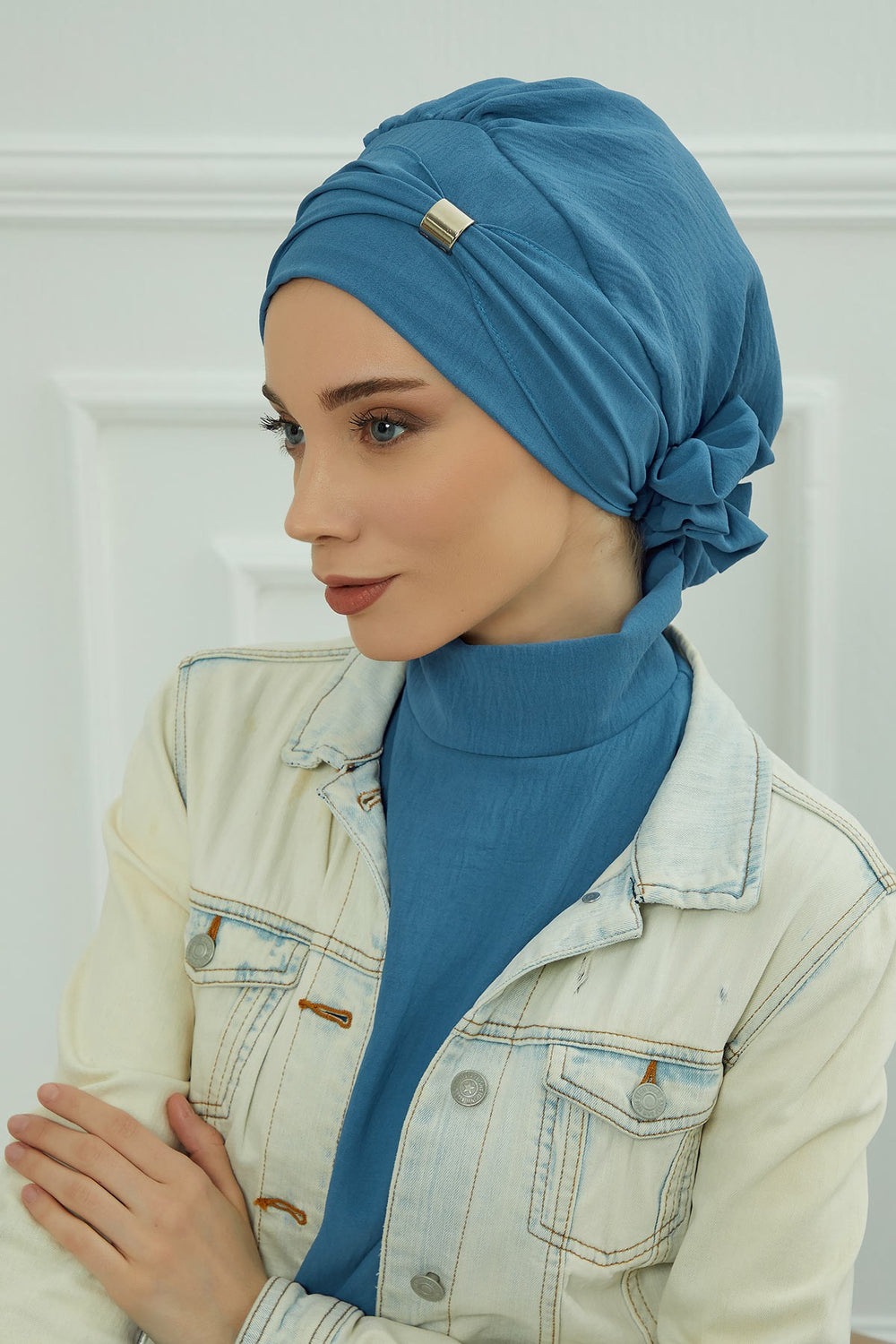 Instant Aerobin Turban Hijab for Women with Gold Accent, Pre-Tied Cotton Blend Headwrap, Modest Ready to Wear Headscarf,HT-95 İndigo