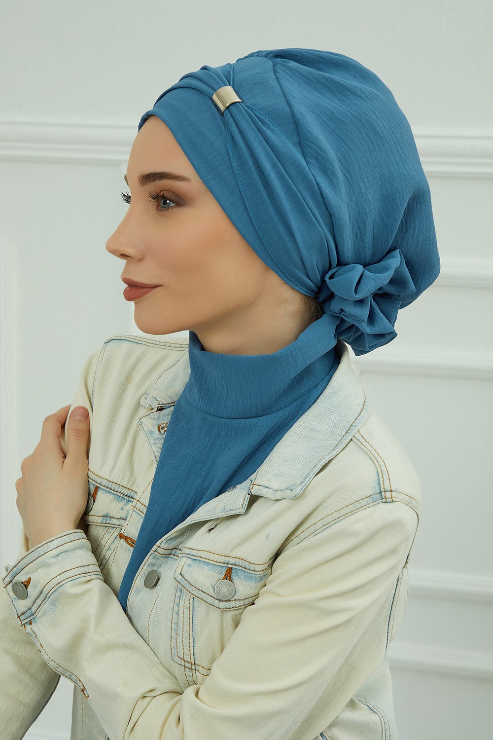 Instant Aerobin Turban Hijab for Women with Gold Accent, Pre-Tied Cotton Blend Headwrap, Modest Ready to Wear Headscarf,HT-95 İndigo