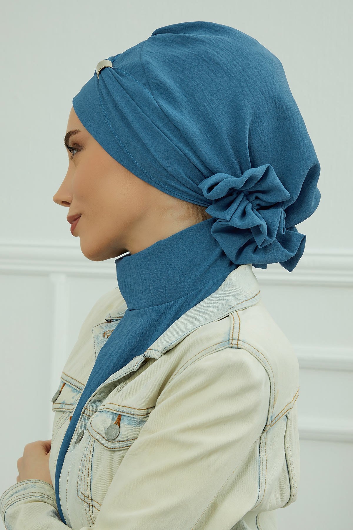 Instant Aerobin Turban Hijab for Women with Gold Accent, Pre-Tied Cotton Blend Headwrap, Modest Ready to Wear Headscarf,HT-95 İndigo