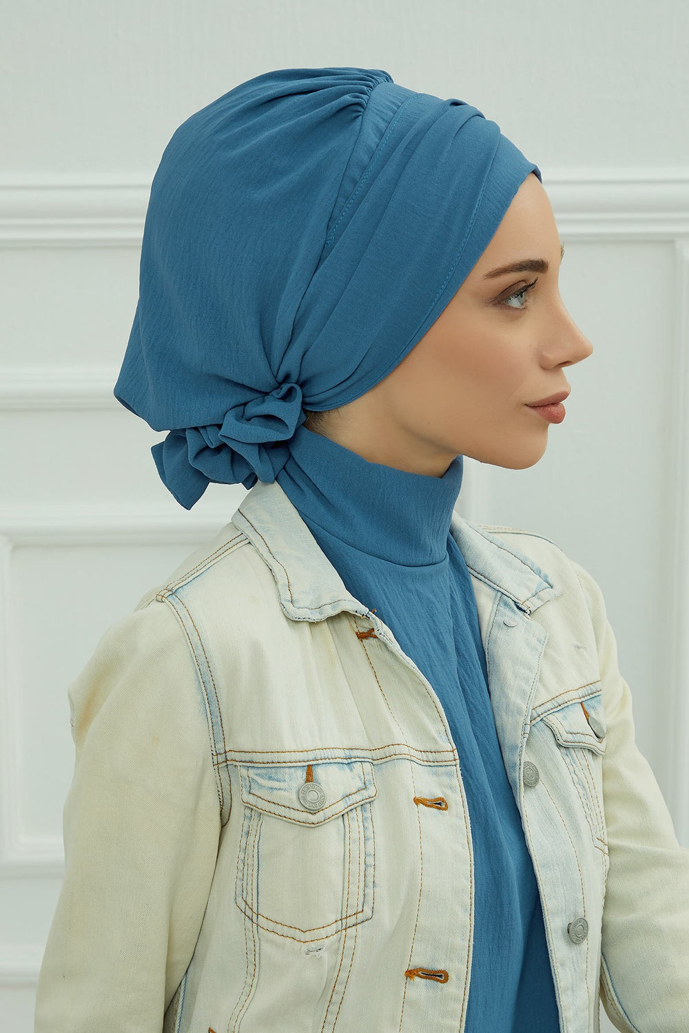 Instant Aerobin Turban Hijab for Women with Gold Accent, Pre-Tied Cotton Blend Headwrap, Modest Ready to Wear Headscarf,HT-95 İndigo