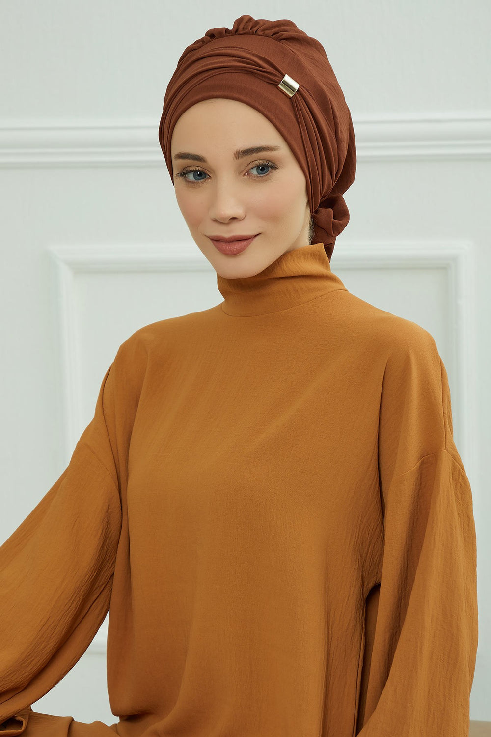 Instant Aerobin Turban Hijab for Women with Gold Accent, Pre-Tied Cotton Blend Headwrap, Modest Ready to Wear Headscarf,HT-95 Cinnamon