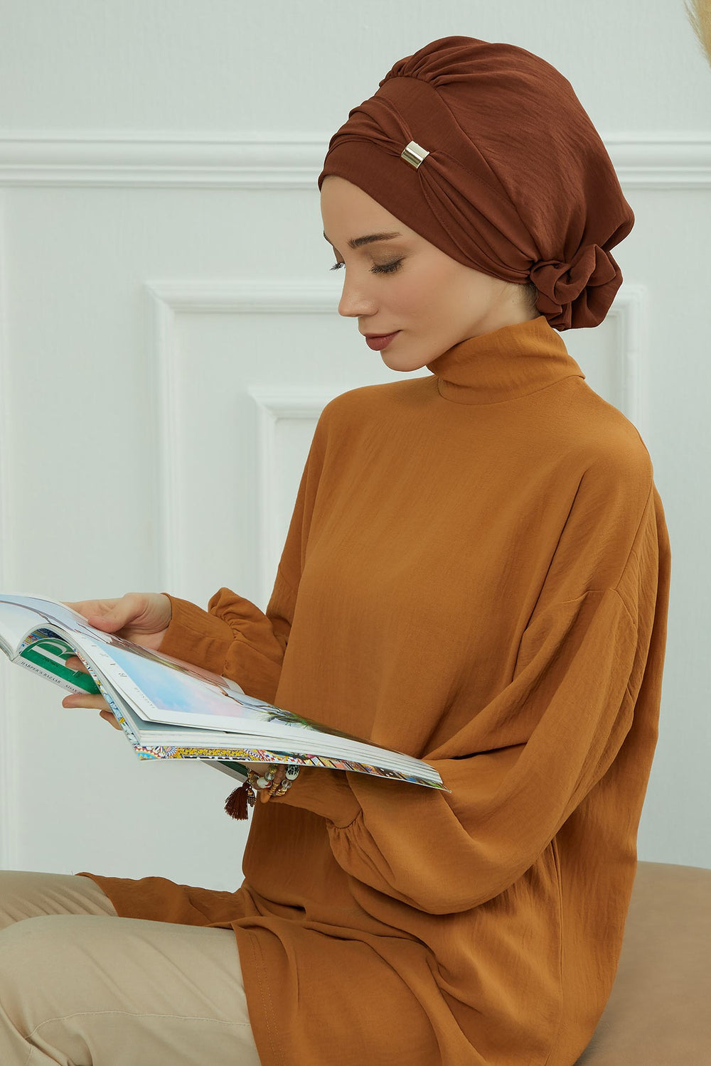 Instant Aerobin Turban Hijab for Women with Gold Accent, Pre-Tied Cotton Blend Headwrap, Modest Ready to Wear Headscarf,HT-95 Cinnamon