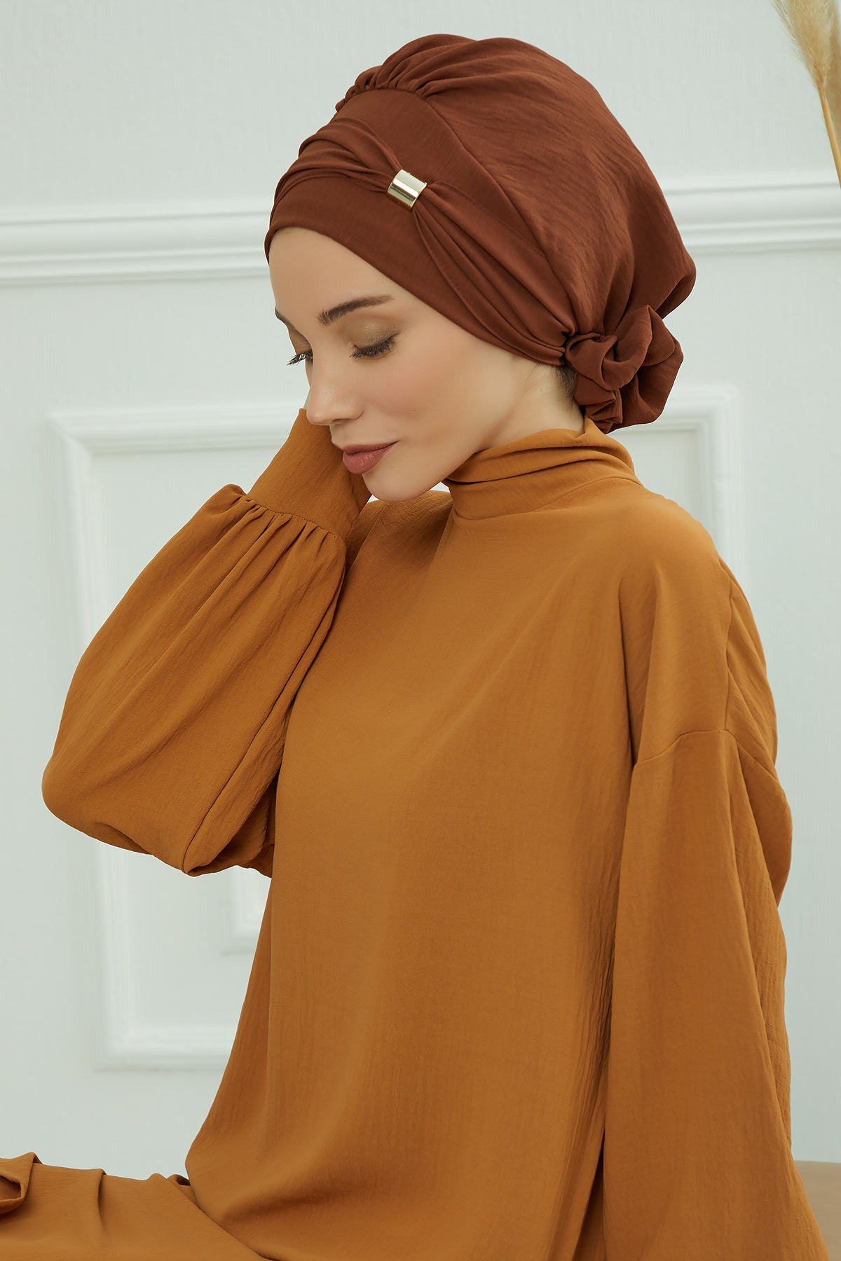 Instant Aerobin Turban Hijab for Women with Gold Accent, Pre-Tied Cotton Blend Headwrap, Modest Ready to Wear Headscarf,HT-95 Cinnamon