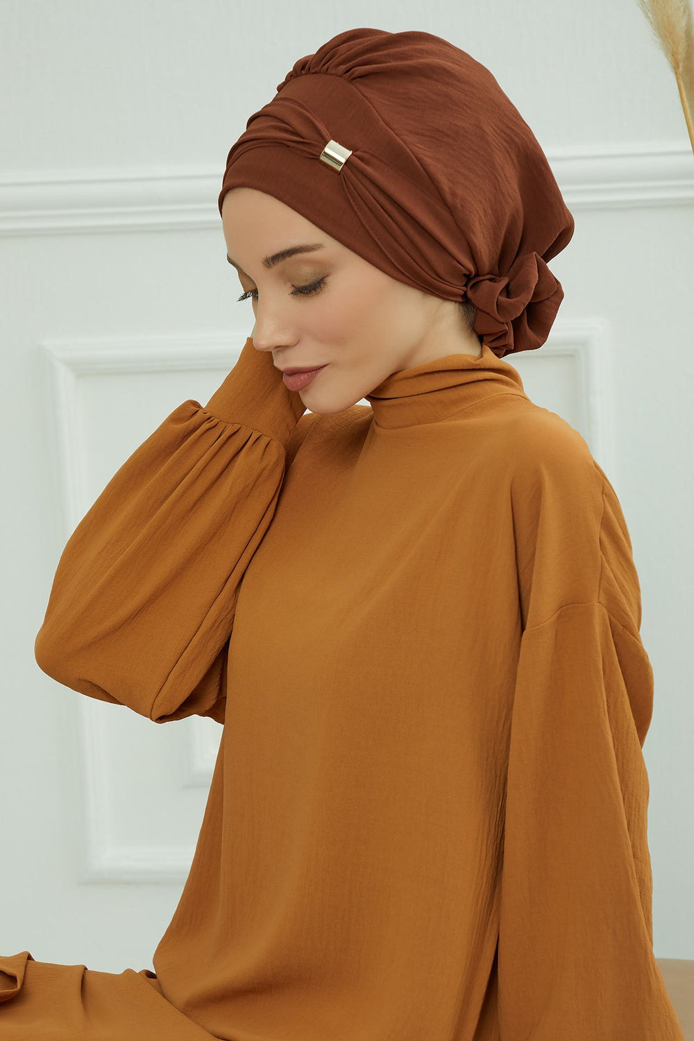 Instant Aerobin Turban Hijab for Women with Gold Accent, Pre-Tied Cotton Blend Headwrap, Modest Ready to Wear Headscarf,HT-95 Cinnamon