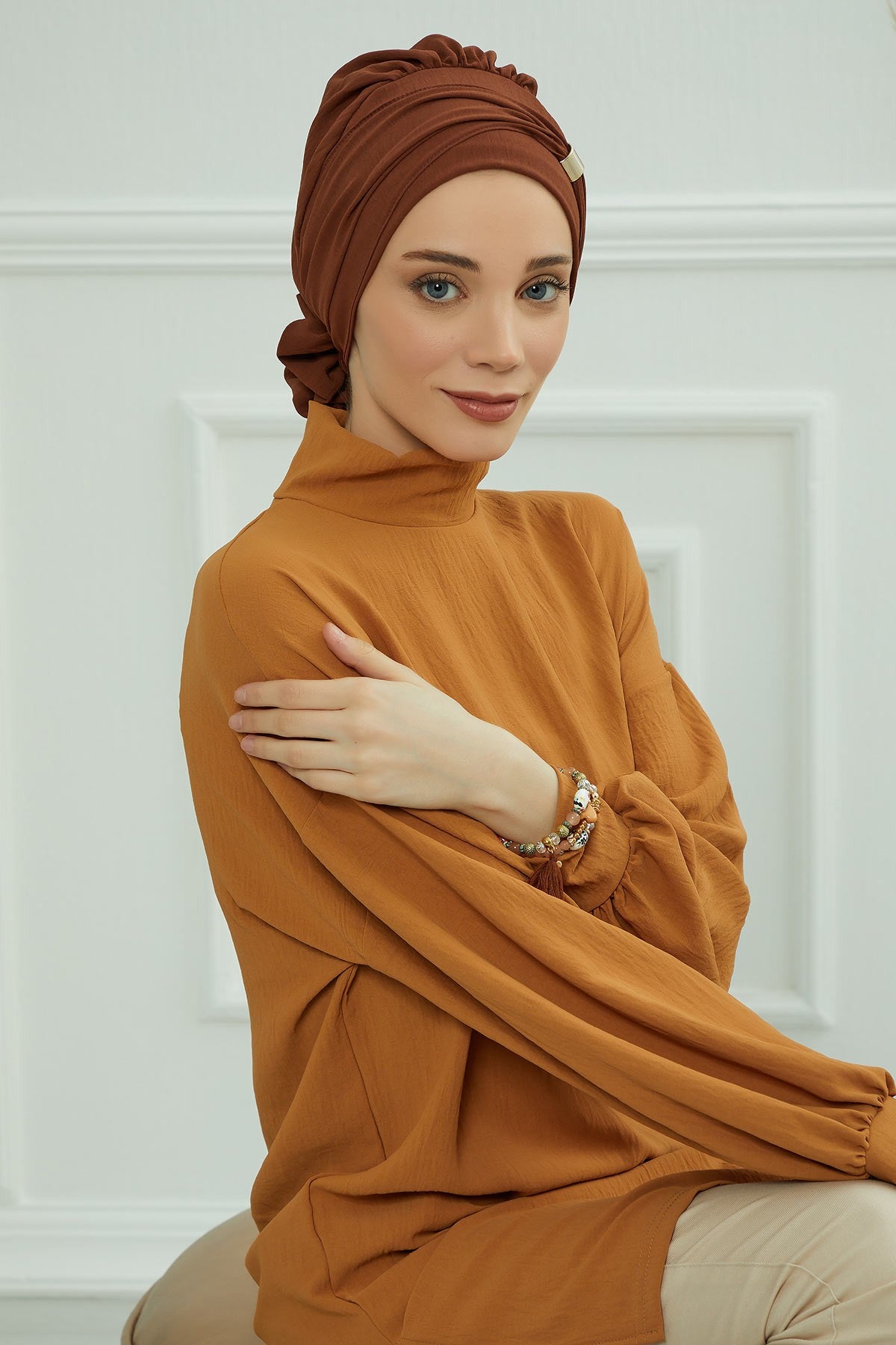Instant Aerobin Turban Hijab for Women with Gold Accent, Pre-Tied Cotton Blend Headwrap, Modest Ready to Wear Headscarf,HT-95 Cinnamon