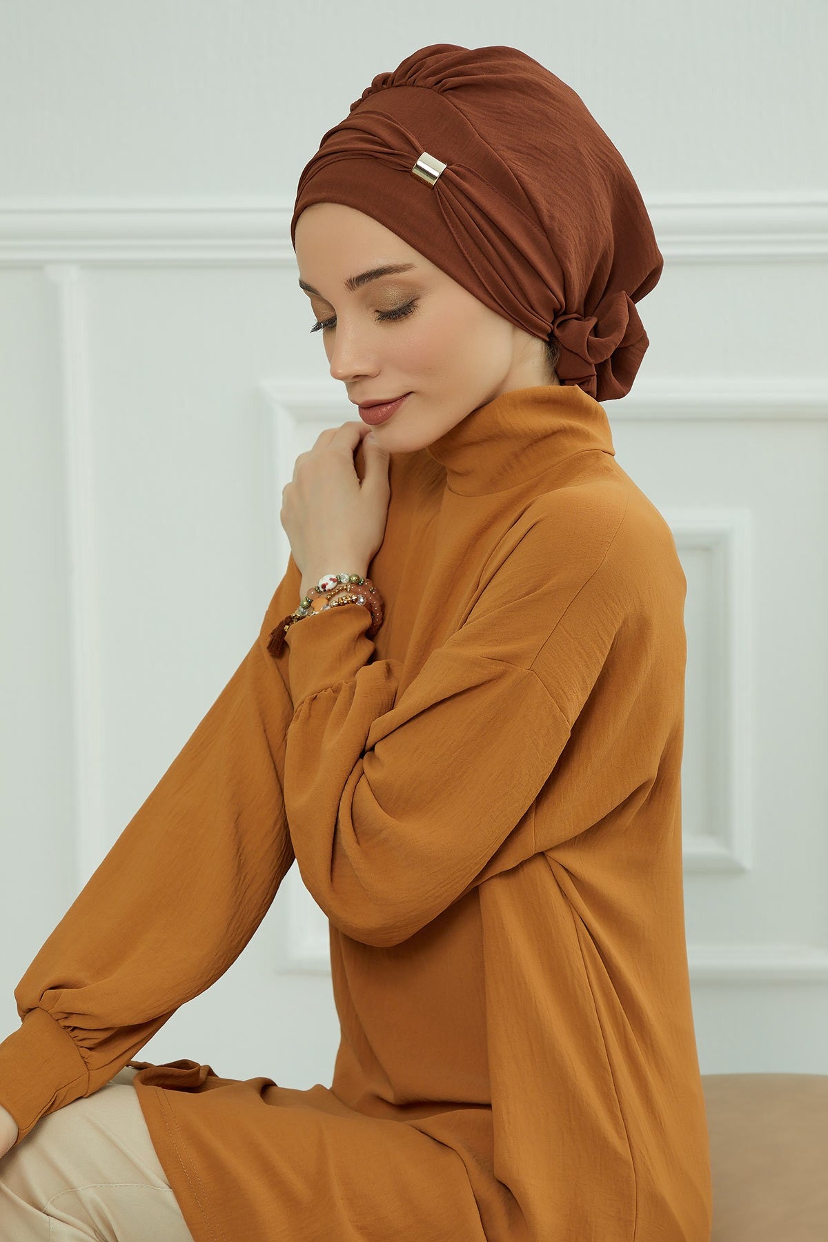 Instant Aerobin Turban Hijab for Women with Gold Accent, Pre-Tied Cotton Blend Headwrap, Modest Ready to Wear Headscarf,HT-95 Cinnamon