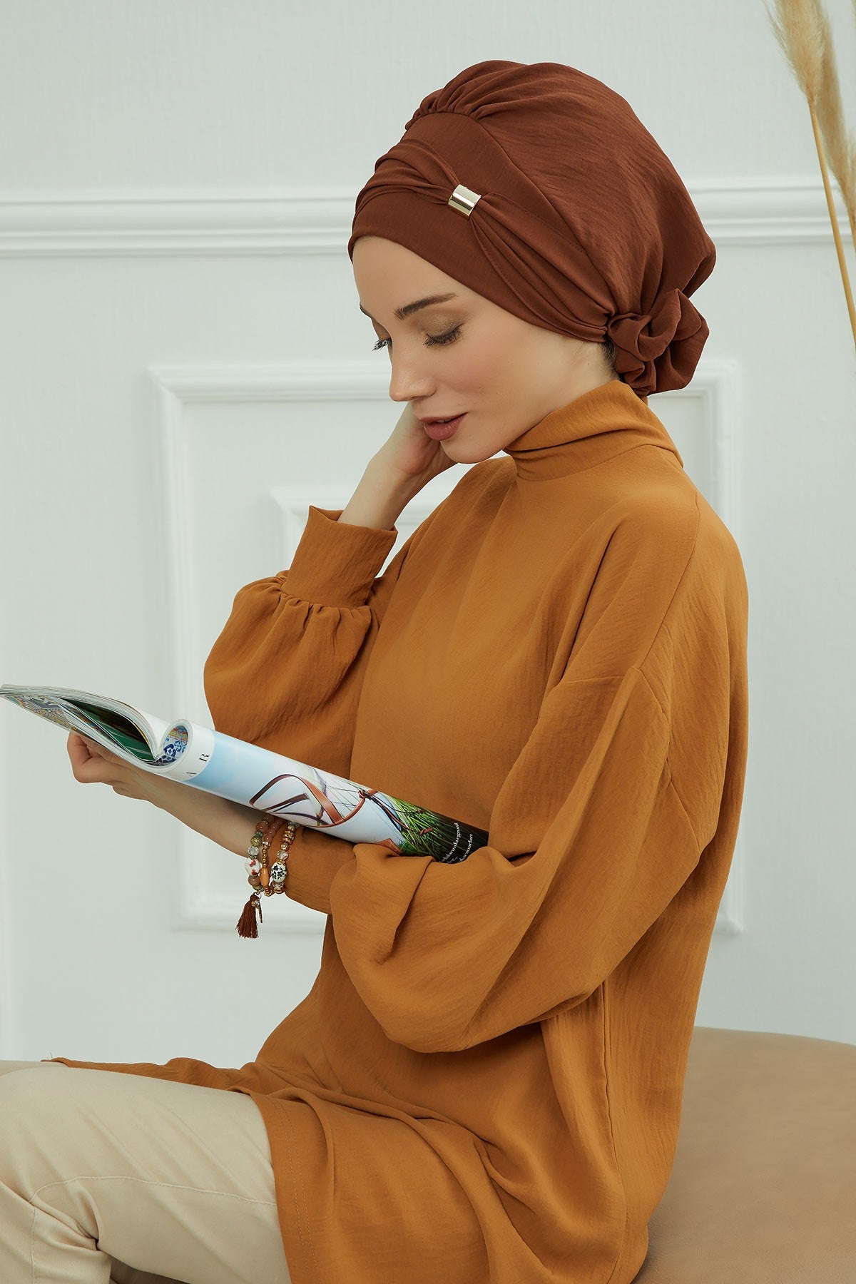 Instant Aerobin Turban Hijab for Women with Gold Accent, Pre-Tied Cotton Blend Headwrap, Modest Ready to Wear Headscarf,HT-95 Cinnamon