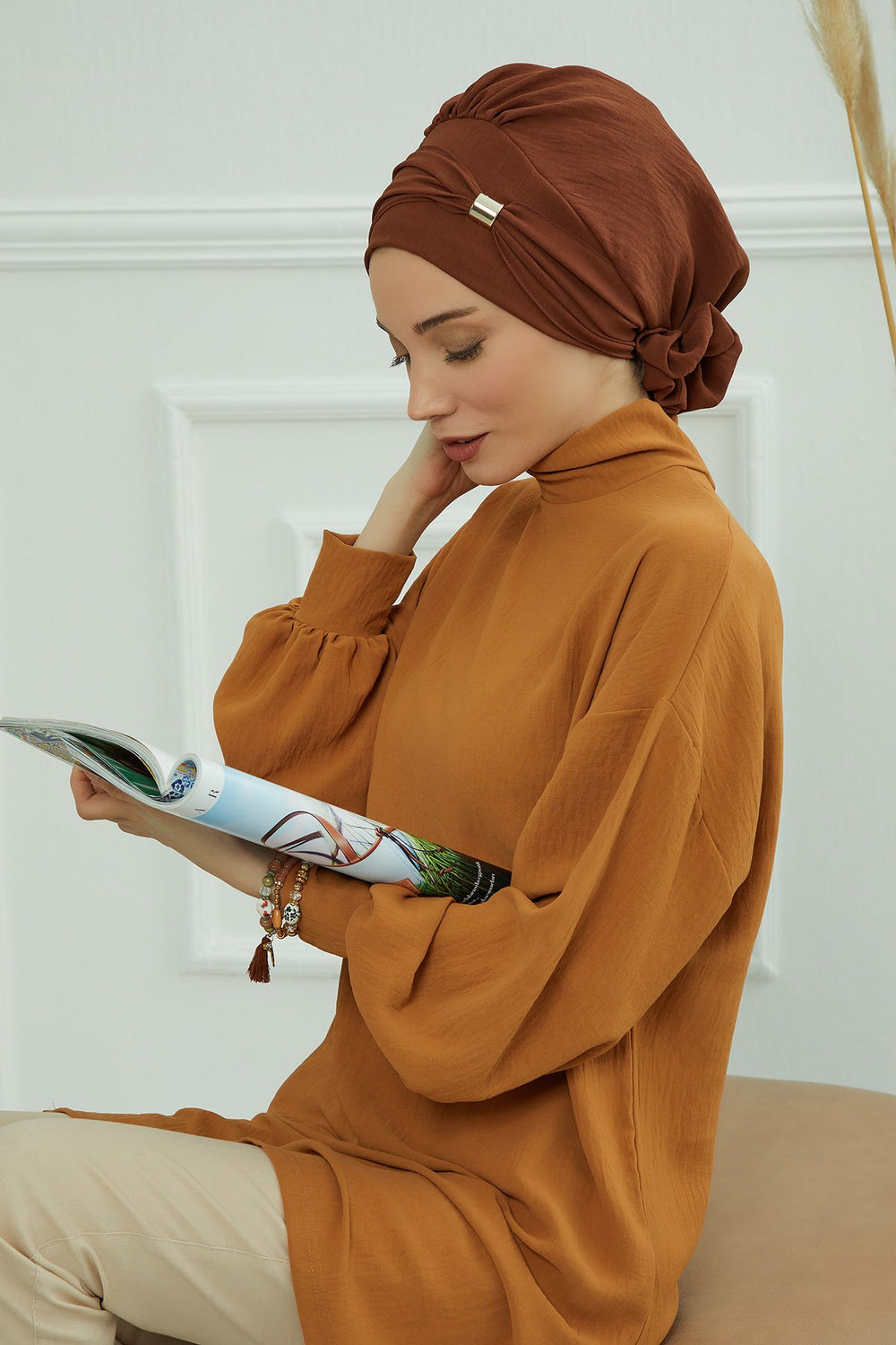 Instant Aerobin Turban Hijab for Women with Gold Accent, Pre-Tied Cotton Blend Headwrap, Modest Ready to Wear Headscarf,HT-95 Cinnamon