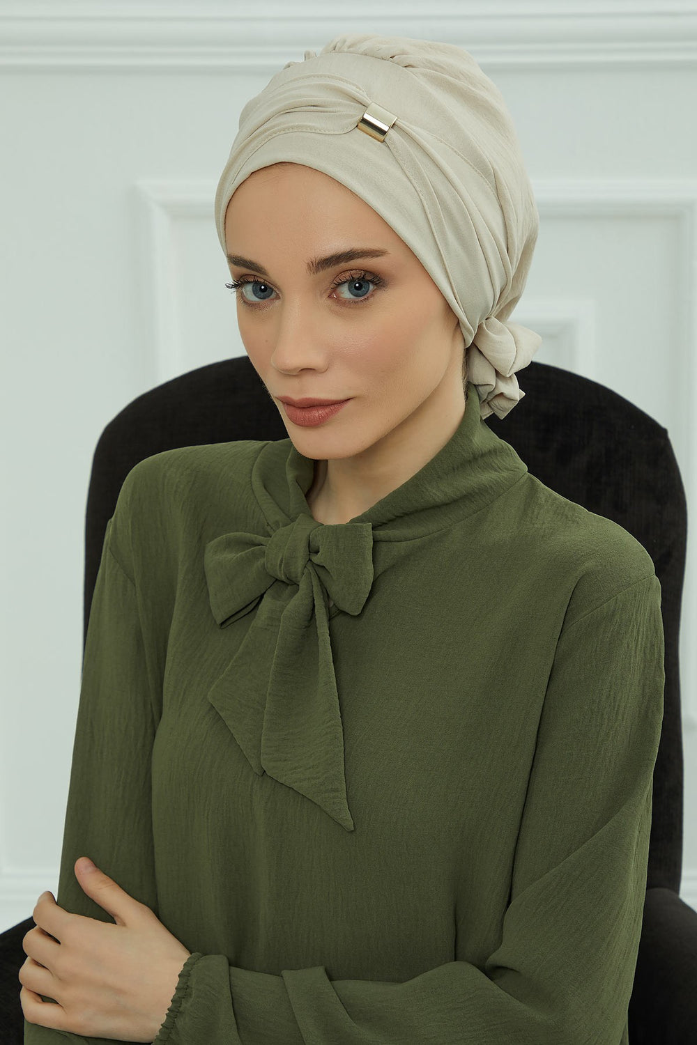 Instant Aerobin Turban Hijab for Women with Gold Accent, Pre-Tied Cotton Blend Headwrap, Modest Ready to Wear Headscarf,HT-95 Beige
