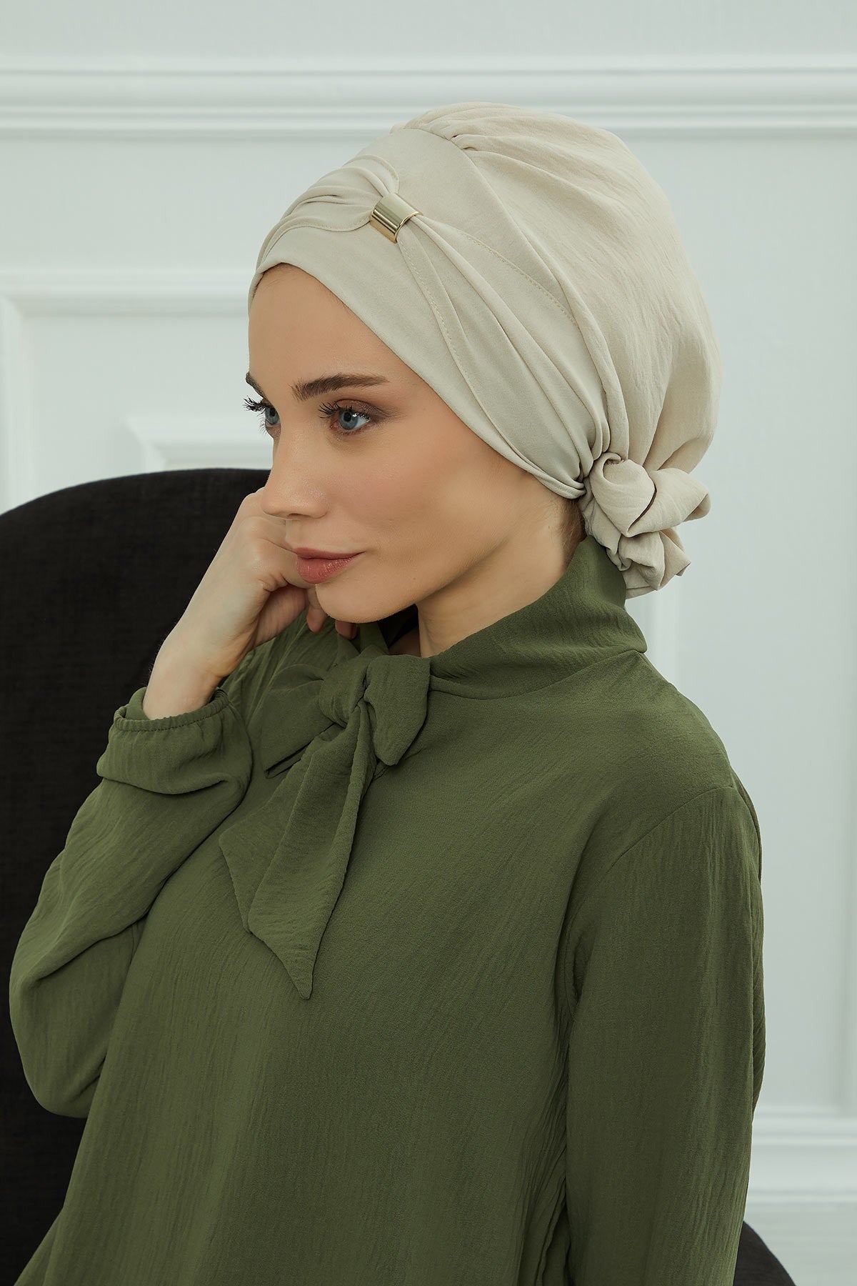 Instant Aerobin Turban Hijab for Women with Gold Accent, Pre-Tied Cotton Blend Headwrap, Modest Ready to Wear Headscarf,HT-95 Beige
