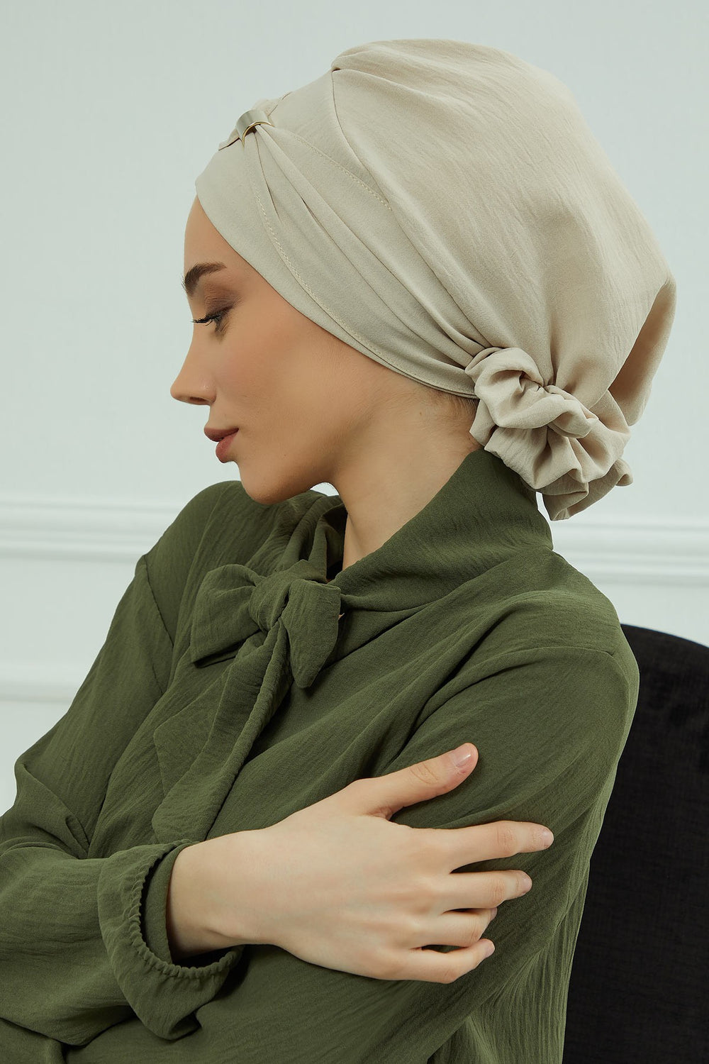 Instant Aerobin Turban Hijab for Women with Gold Accent, Pre-Tied Cotton Blend Headwrap, Modest Ready to Wear Headscarf,HT-95 Beige