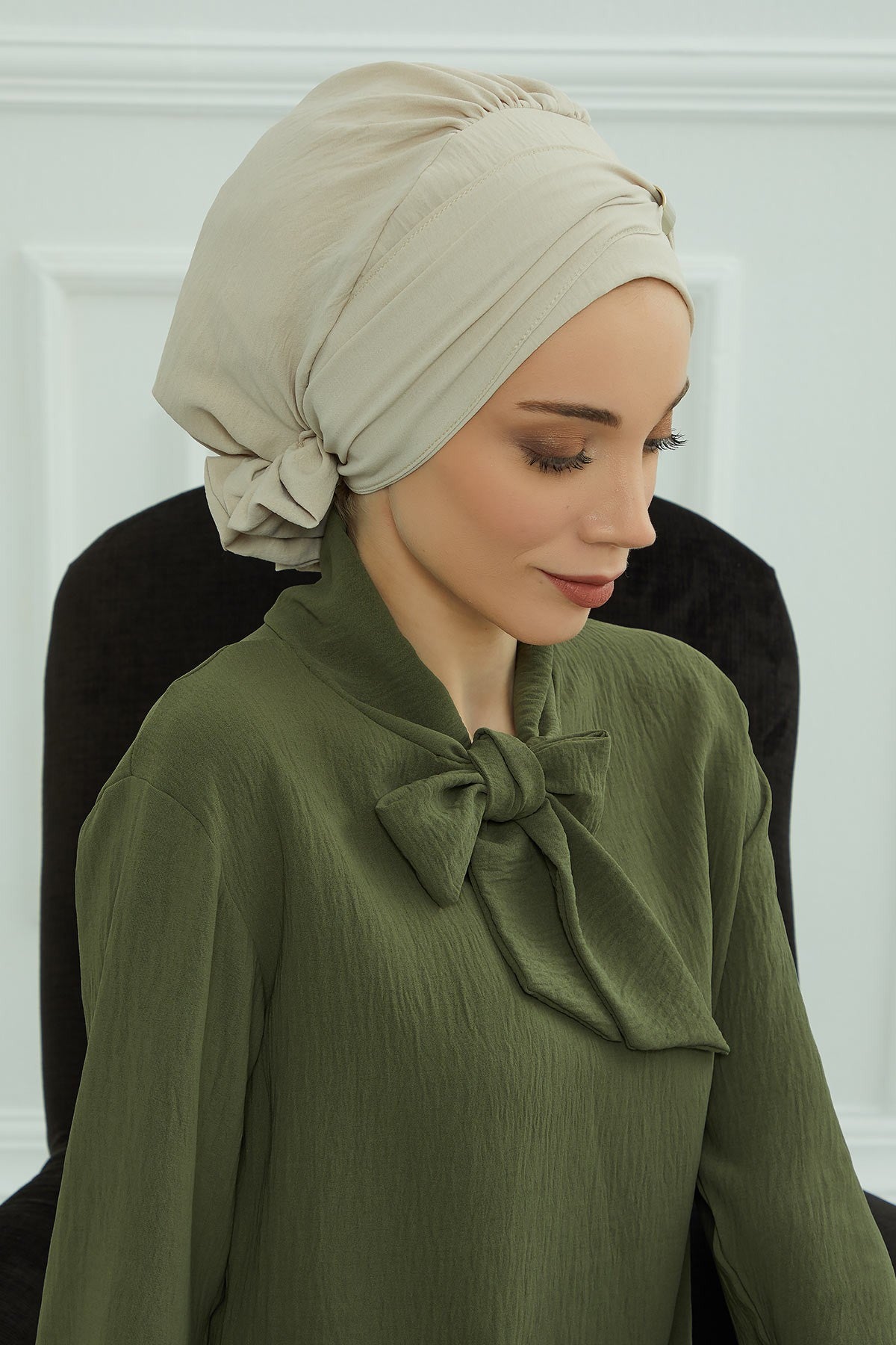 Instant Aerobin Turban Hijab for Women with Gold Accent, Pre-Tied Cotton Blend Headwrap, Modest Ready to Wear Headscarf,HT-95 Beige