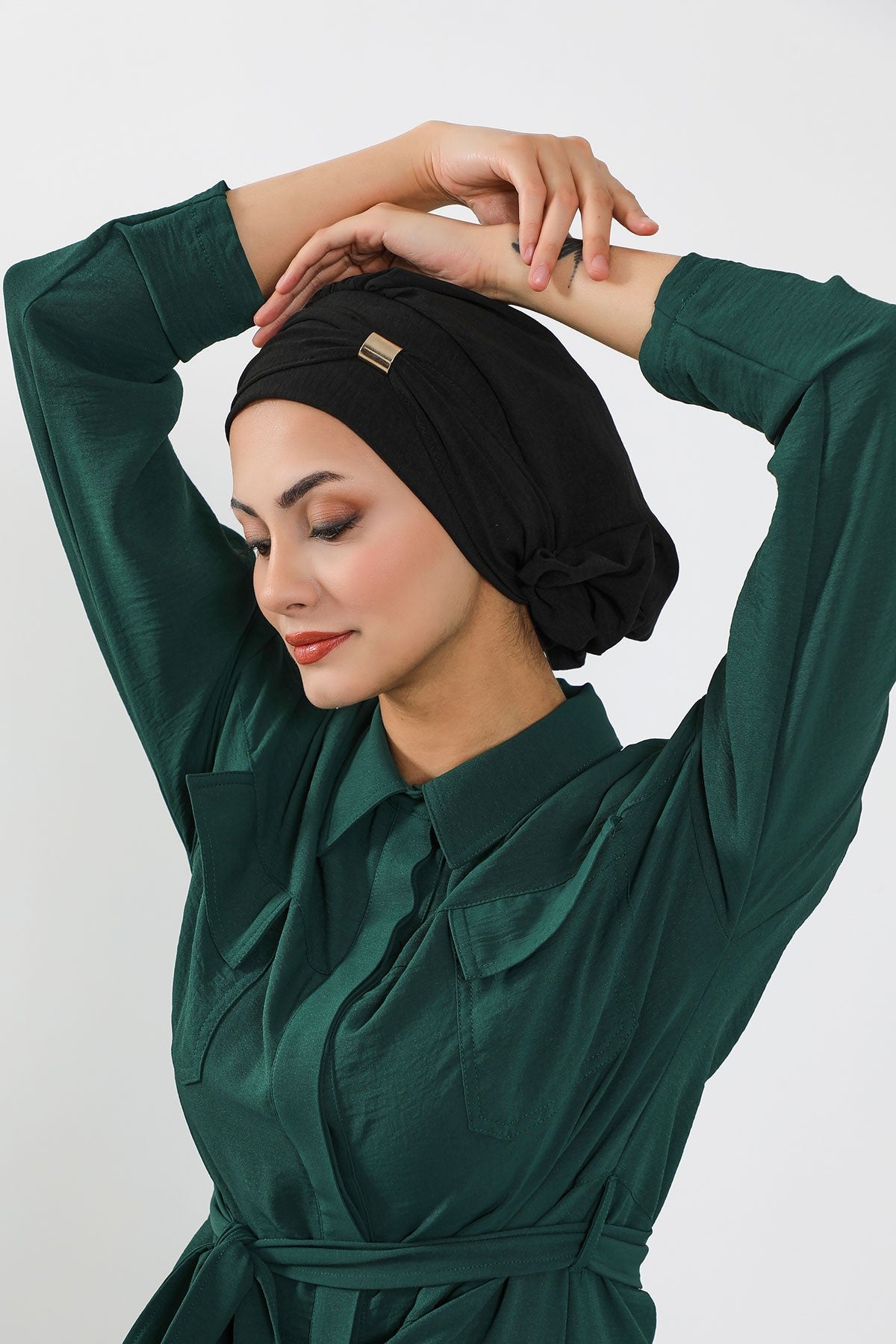 Instant Aerobin Turban Hijab for Women with Gold Accent, Pre-Tied Cotton Blend Headwrap, Modest Ready to Wear Headscarf,HT-95 Black