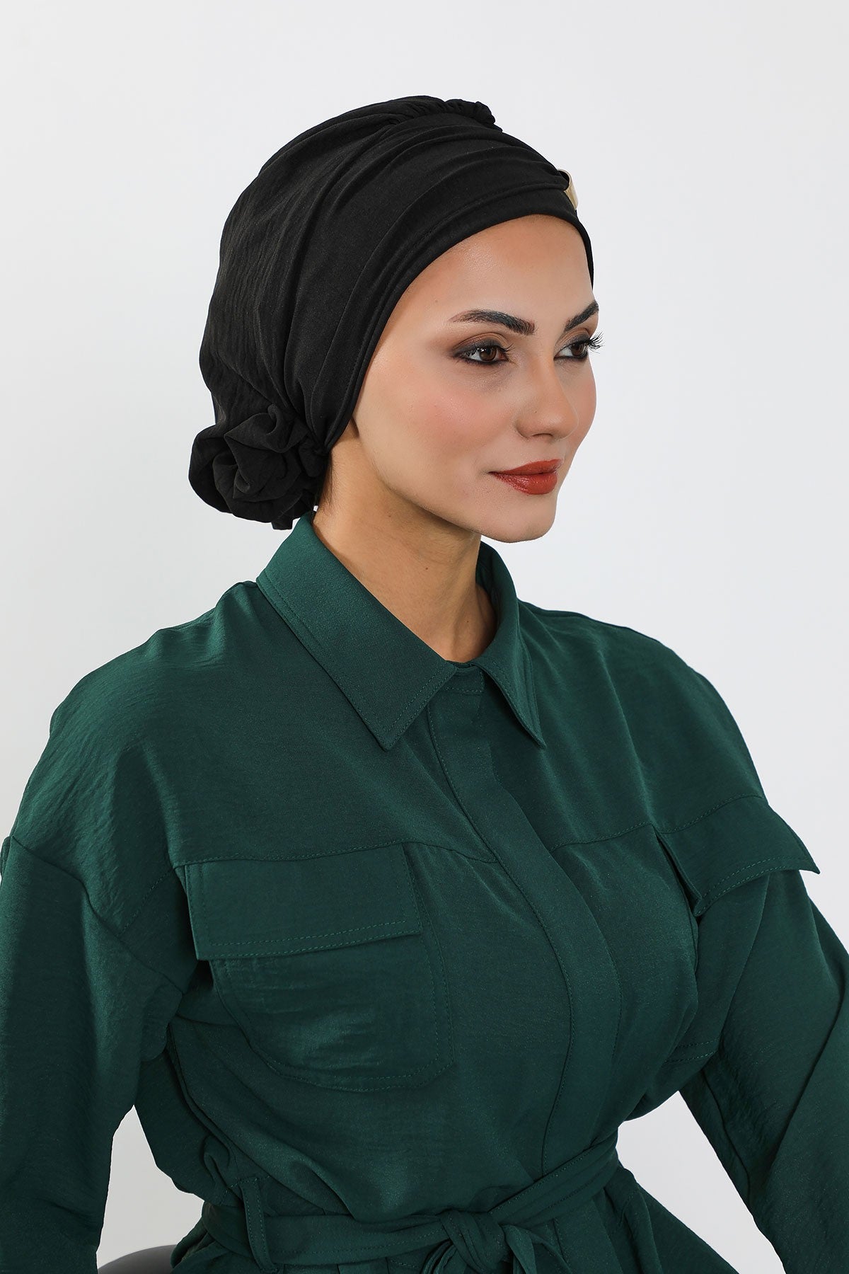 Instant Aerobin Turban Hijab for Women with Gold Accent, Pre-Tied Cotton Blend Headwrap, Modest Ready to Wear Headscarf,HT-95 Black