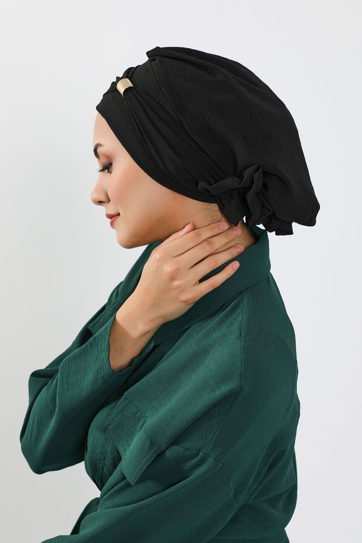 Instant Aerobin Turban Hijab for Women with Gold Accent, Pre-Tied Cotton Blend Headwrap, Modest Ready to Wear Headscarf,HT-95 Black