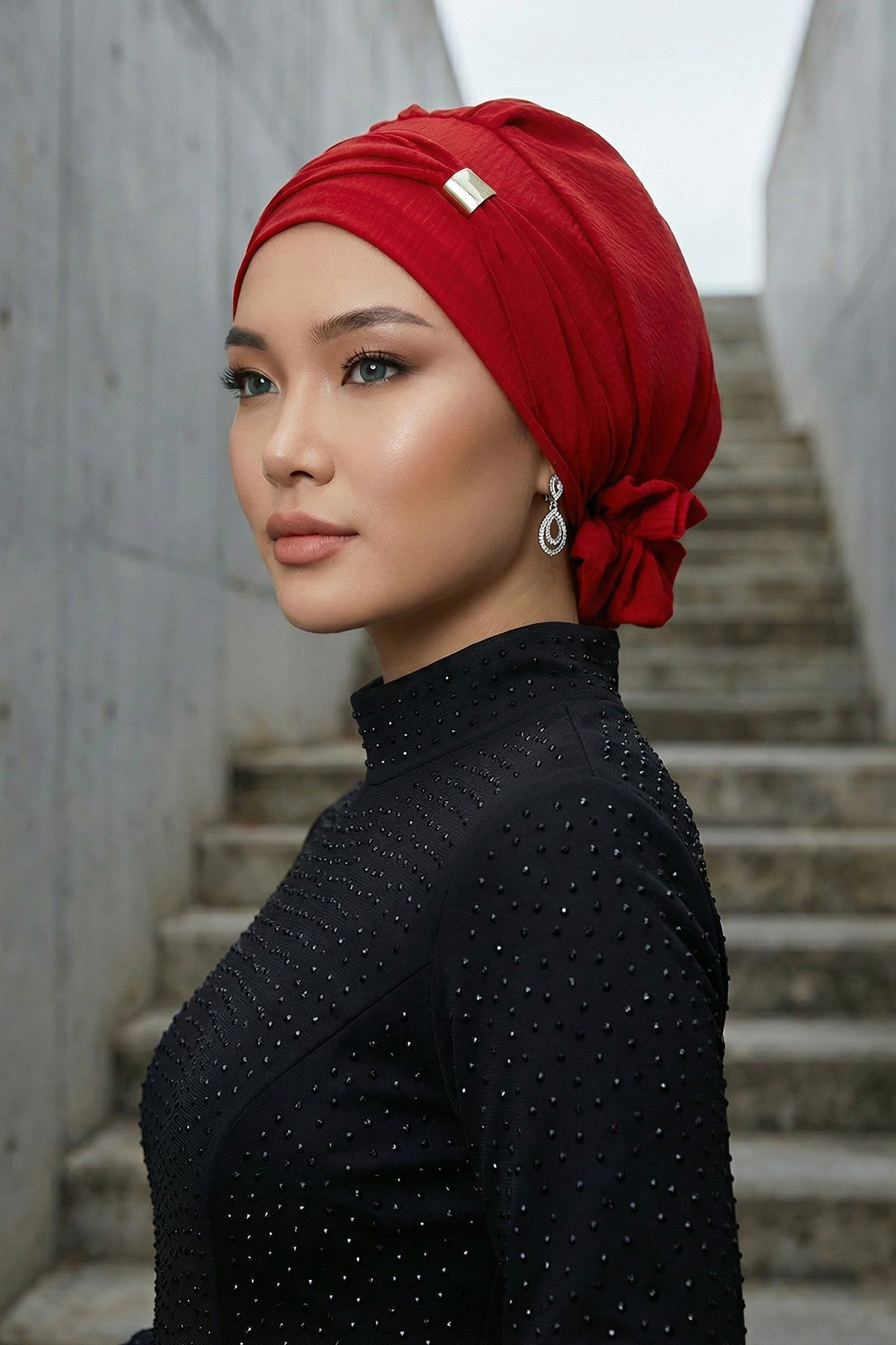 Instant Aerobin Turban Hijab for Women with Gold Accent, Pre-Tied Cotton Blend Headwrap, Modest Ready to Wear Headscarf,HT-95 Red
