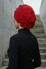 Instant Aerobin Turban Hijab for Women with Gold Accent, Pre-Tied Cotton Blend Headwrap, Modest Ready to Wear Headscarf,HT-95 Red