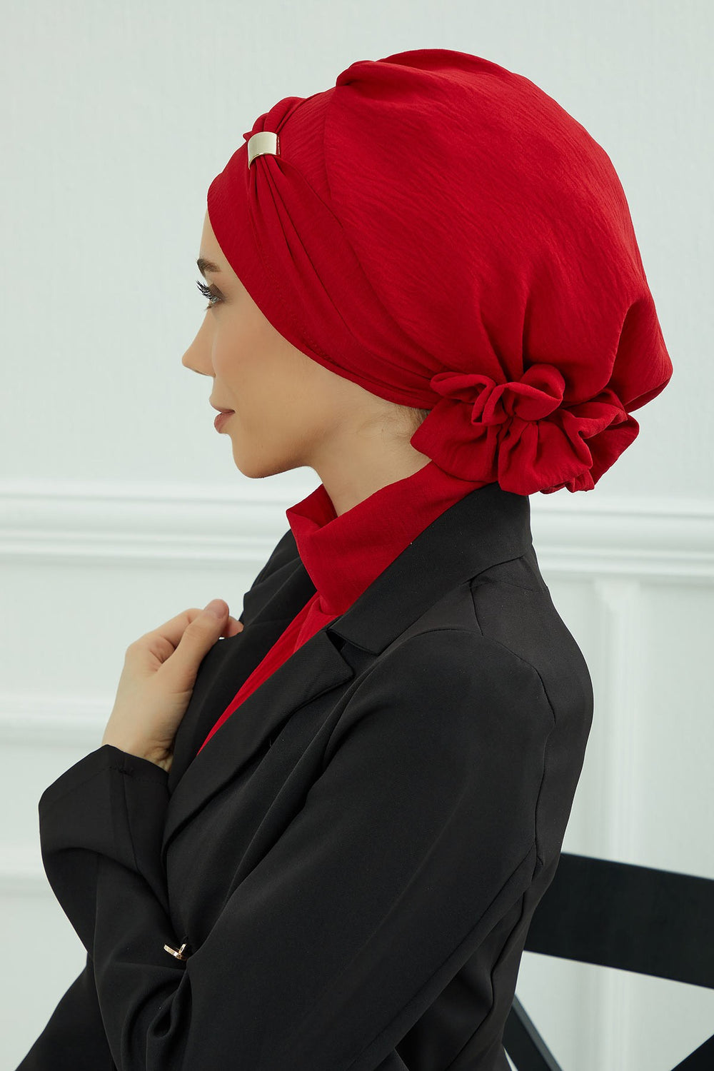 Instant Aerobin Turban Hijab for Women with Gold Accent, Pre-Tied Cotton Blend Headwrap, Modest Ready to Wear Headscarf,HT-95 Red