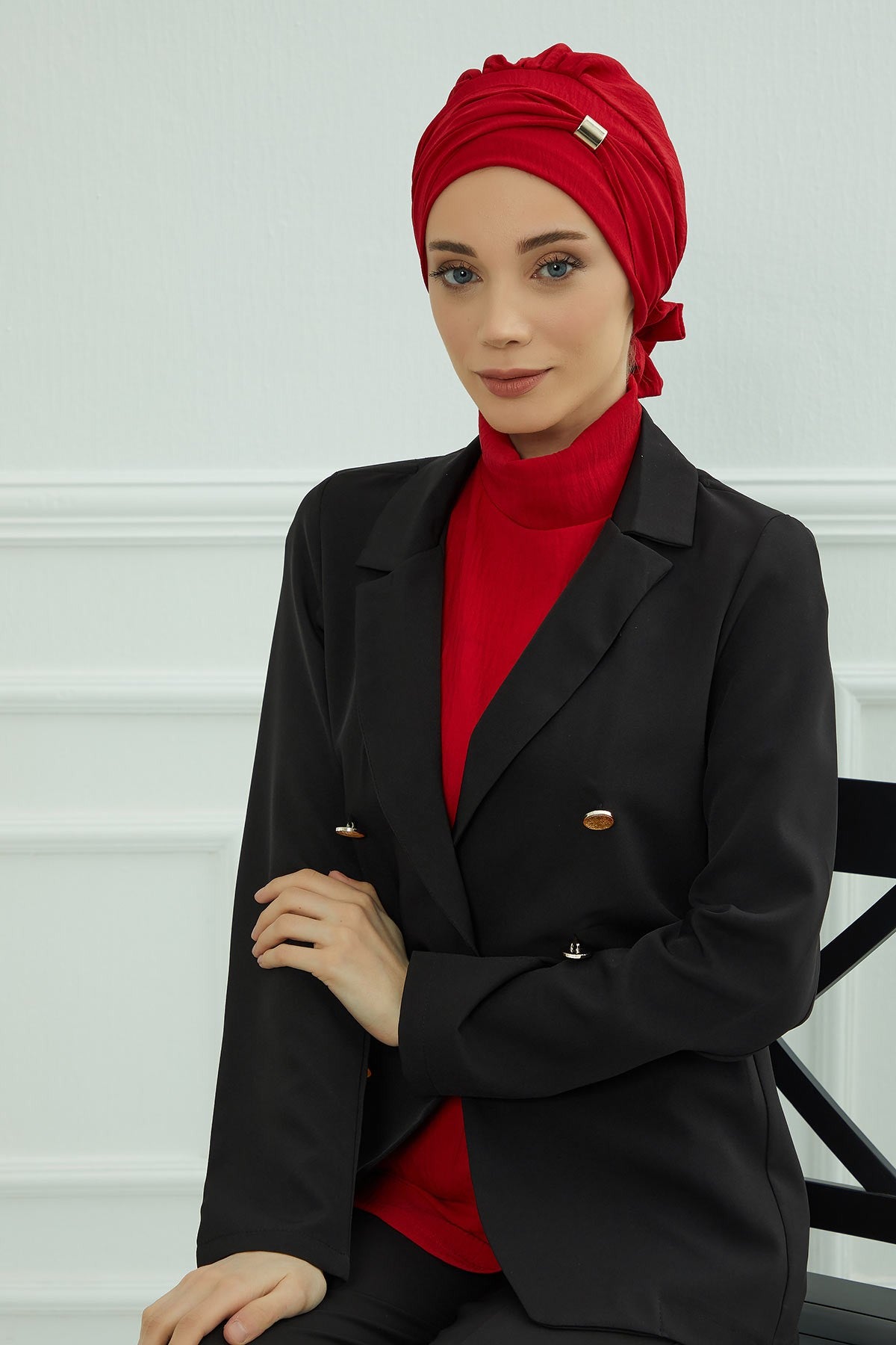 Instant Aerobin Turban Hijab for Women with Gold Accent, Pre-Tied Cotton Blend Headwrap, Modest Ready to Wear Headscarf,HT-95 Red