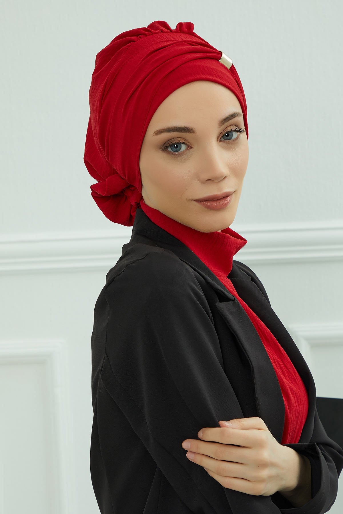 Instant Aerobin Turban Hijab for Women with Gold Accent, Pre-Tied Cotton Blend Headwrap, Modest Ready to Wear Headscarf,HT-95 Red